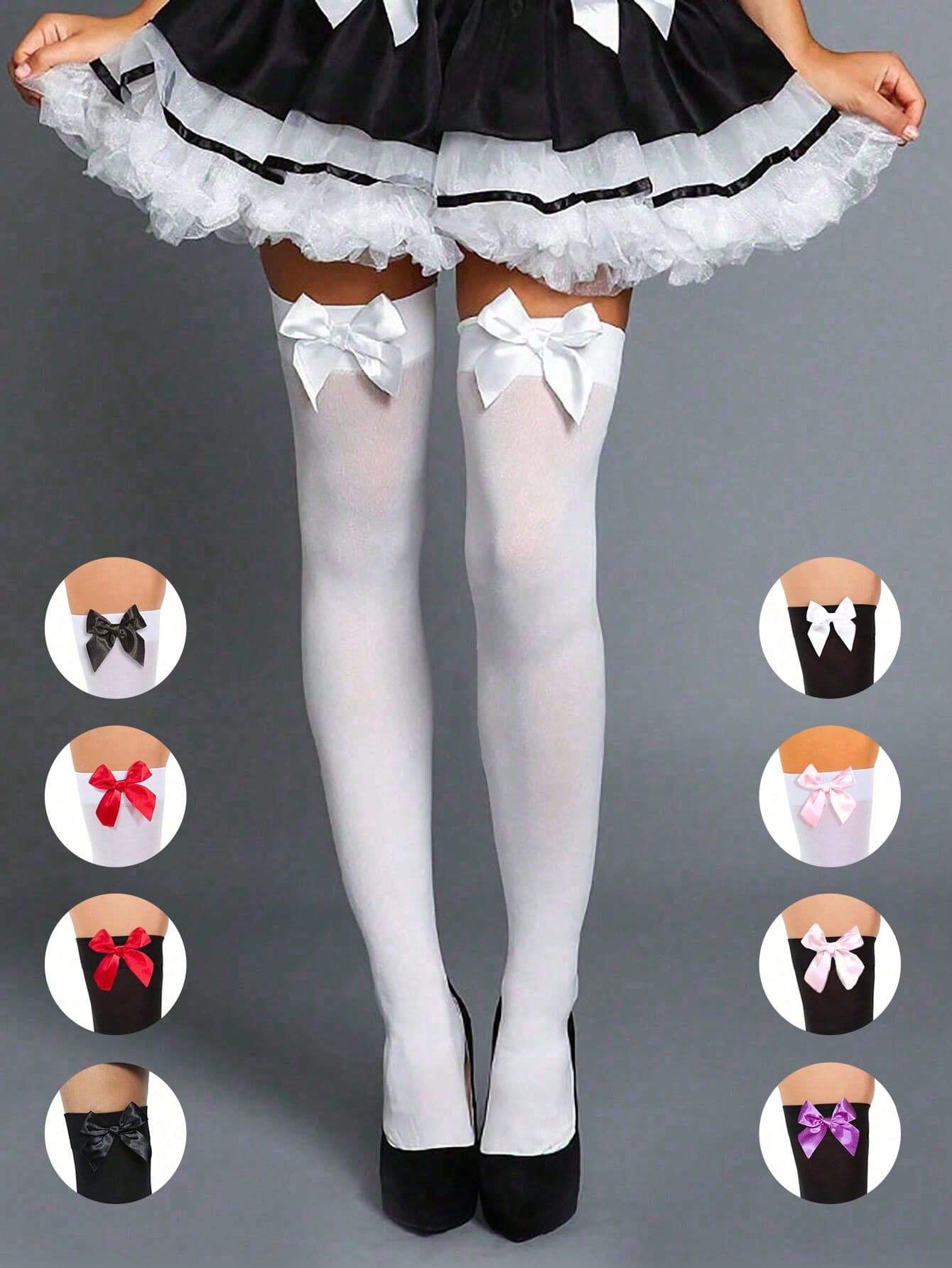 1 Pair Sexy Bow Thigh High Stockings, Black & White Thigh Socks With Bow Decor, Fashion Versatile Socks For Women, Suitable For Christmas Party Decorations, Stage Performances, Cosplay, Events And Parties, Y2k, Cozy