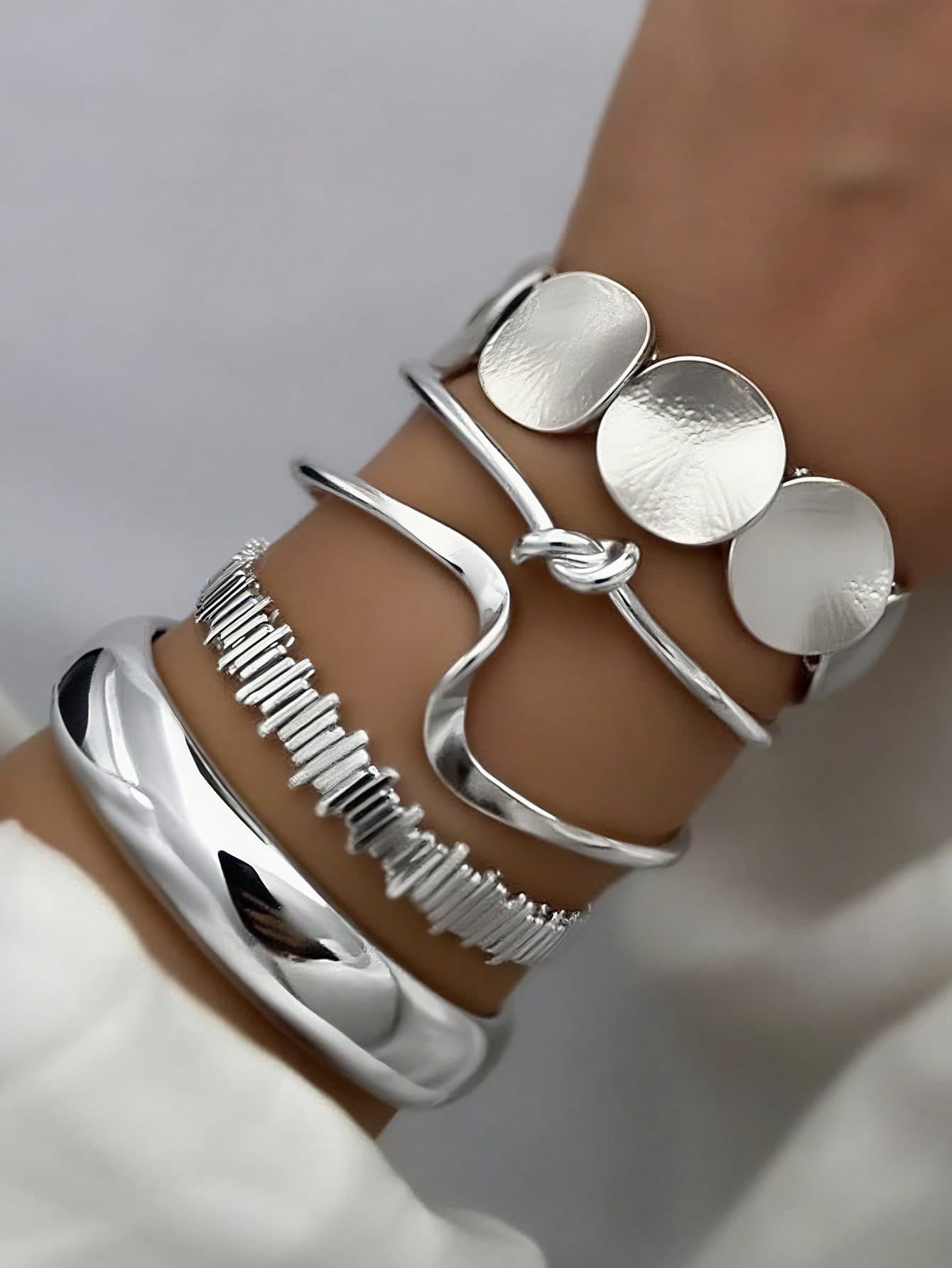 5/1pc Vintage Elegant Bohemian Style Delicate Floral Plain Twisted Geometric Open Bangle Bracelet Set, Suitable For Women's Daily, Party, Holiday, Resort Wear, Accessory, Perfect Gift