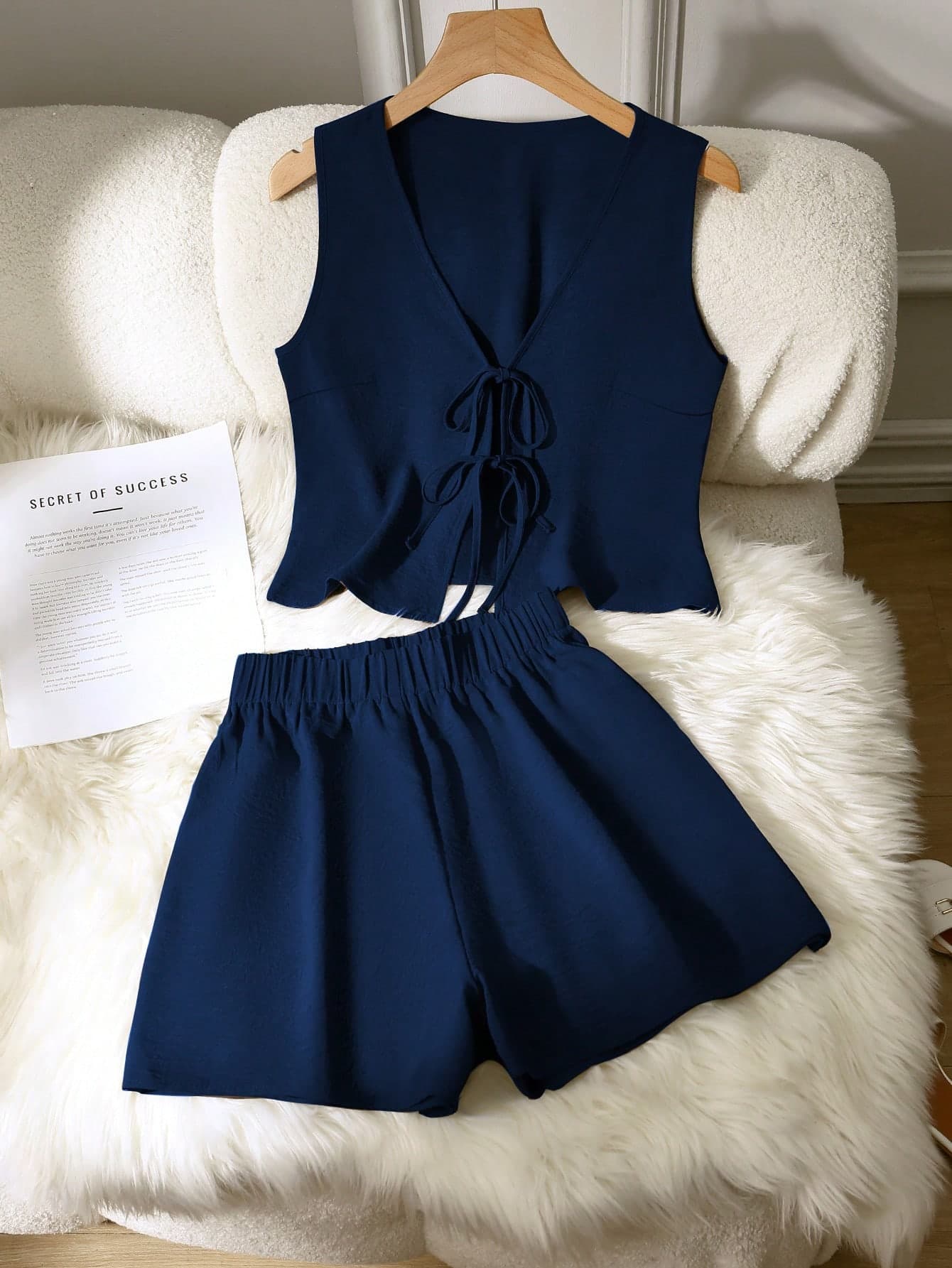 2pcs/Set Solid Color Casual Knotted Women Outfit, Spring/Summer Elegant