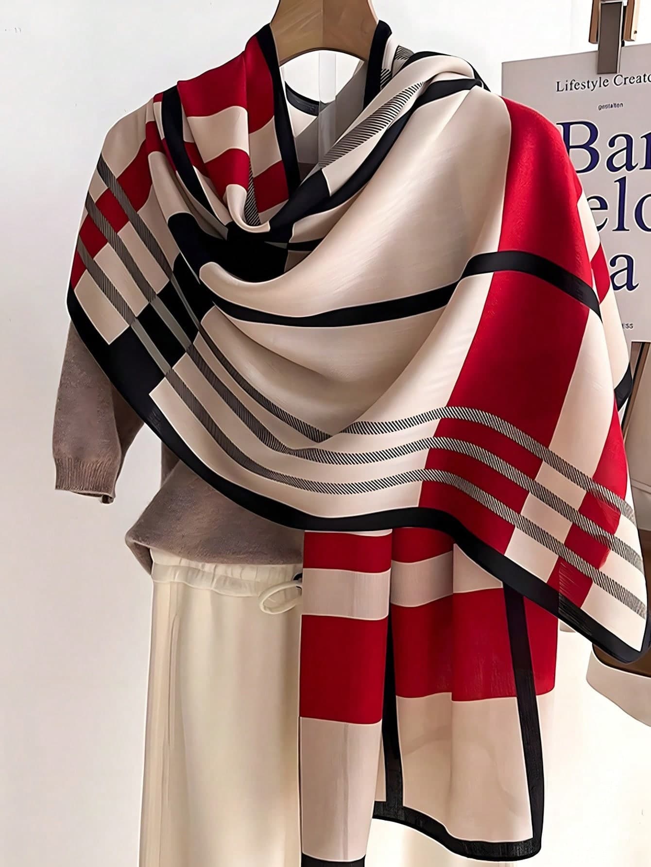1pc Women's Geometric Plaid Print Large Scarf, Satin Soft Skin-Friendly Shawl Scarf, Spring/Summer Sun Protection Beach Long Scarf