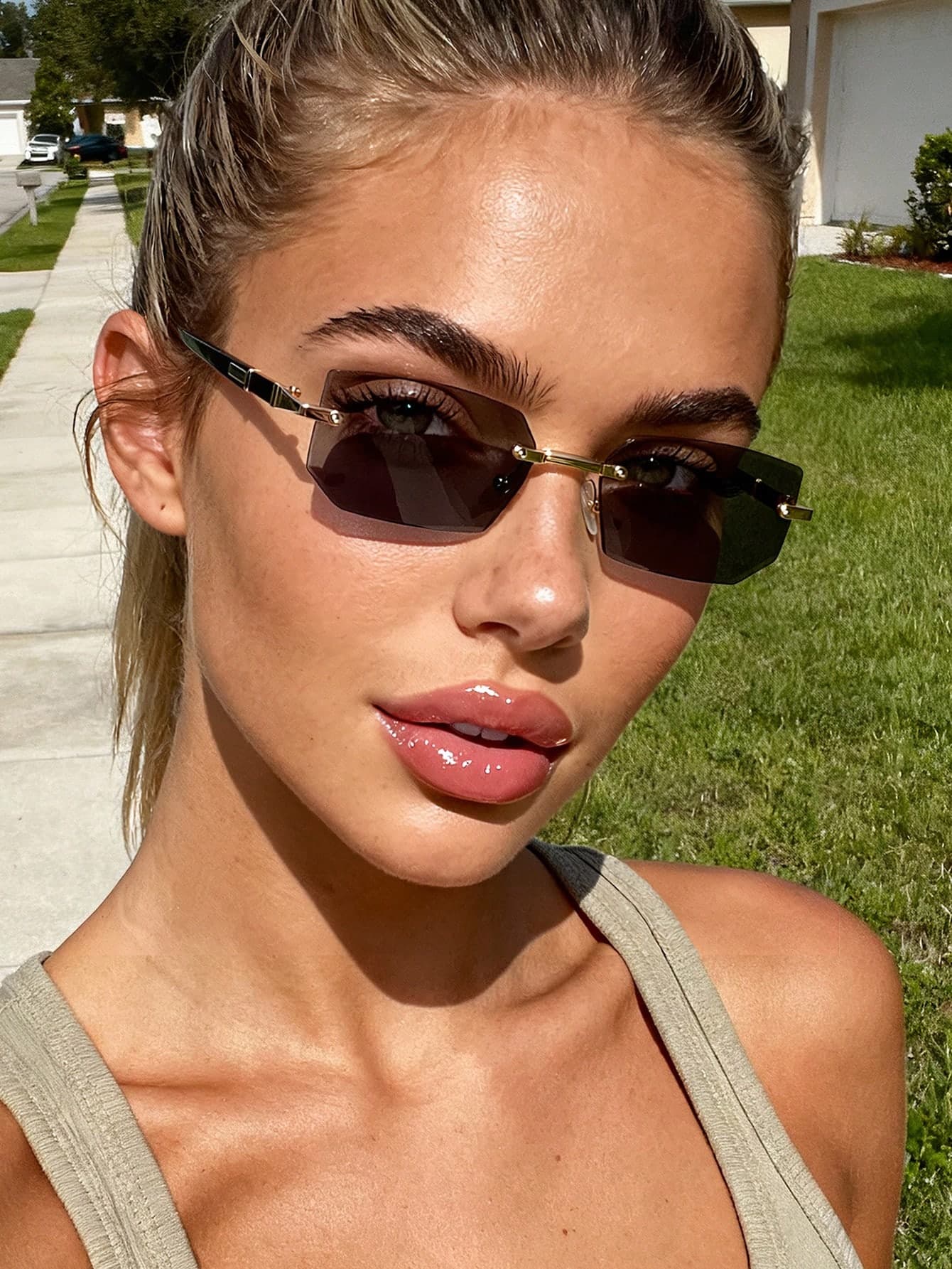 Unisex Retro Rectangular Metal Frame Brown Sunglasses For Travel, Beach, Sports And Festivals