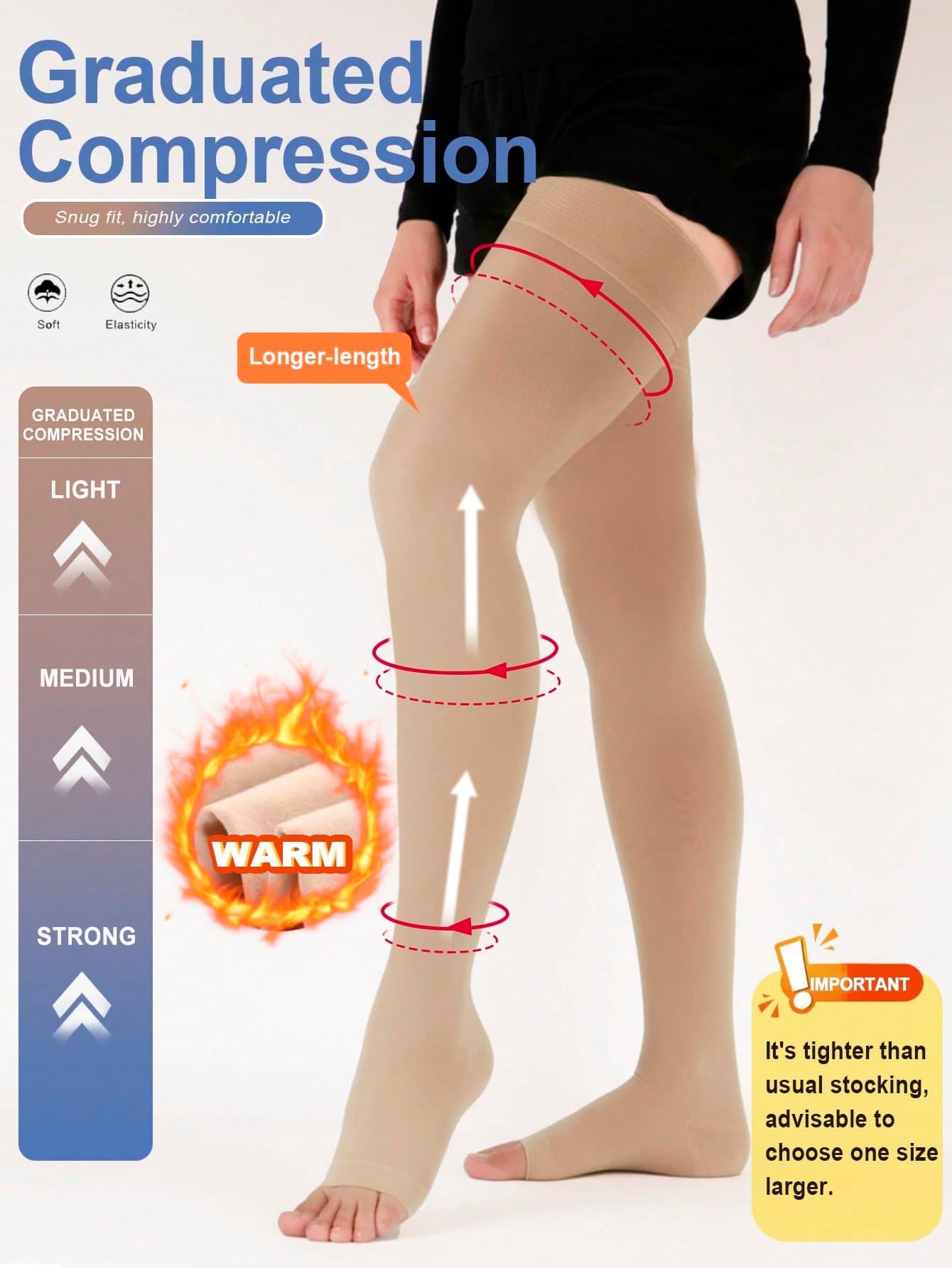 Extra Long Warm Women's Solid Color 20,30 Mmhg Compression Thigh High Socks, Leg Shaping Comfortable Compression Stockings, Cozy Socks