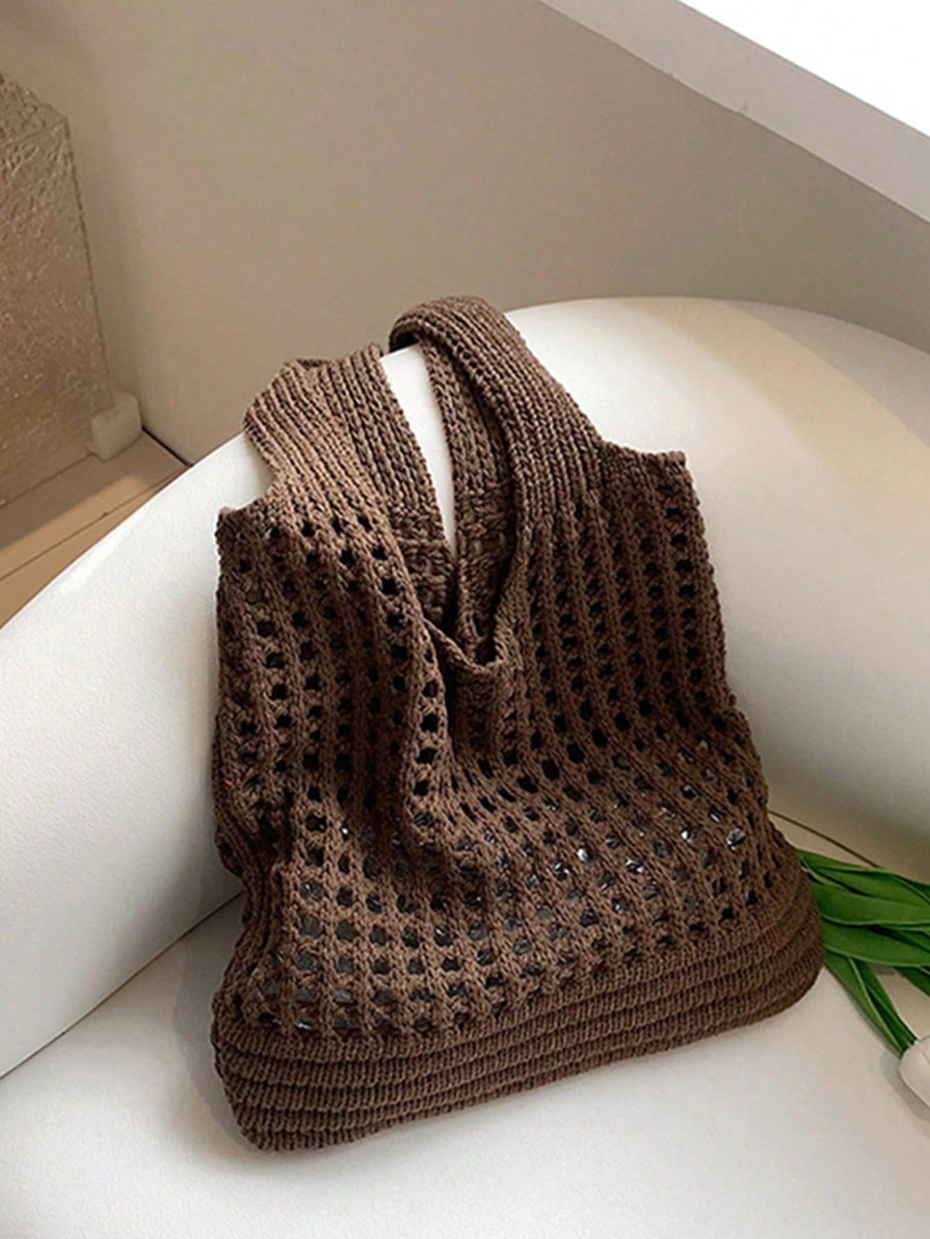 Yogodlns Women's Knitted Shoulder Bag, Vintage Hollow Woven Large Capacity Floral Decor Shopping Handbag, Crochet Bag, Crochet Tote, Summer Beach Tote