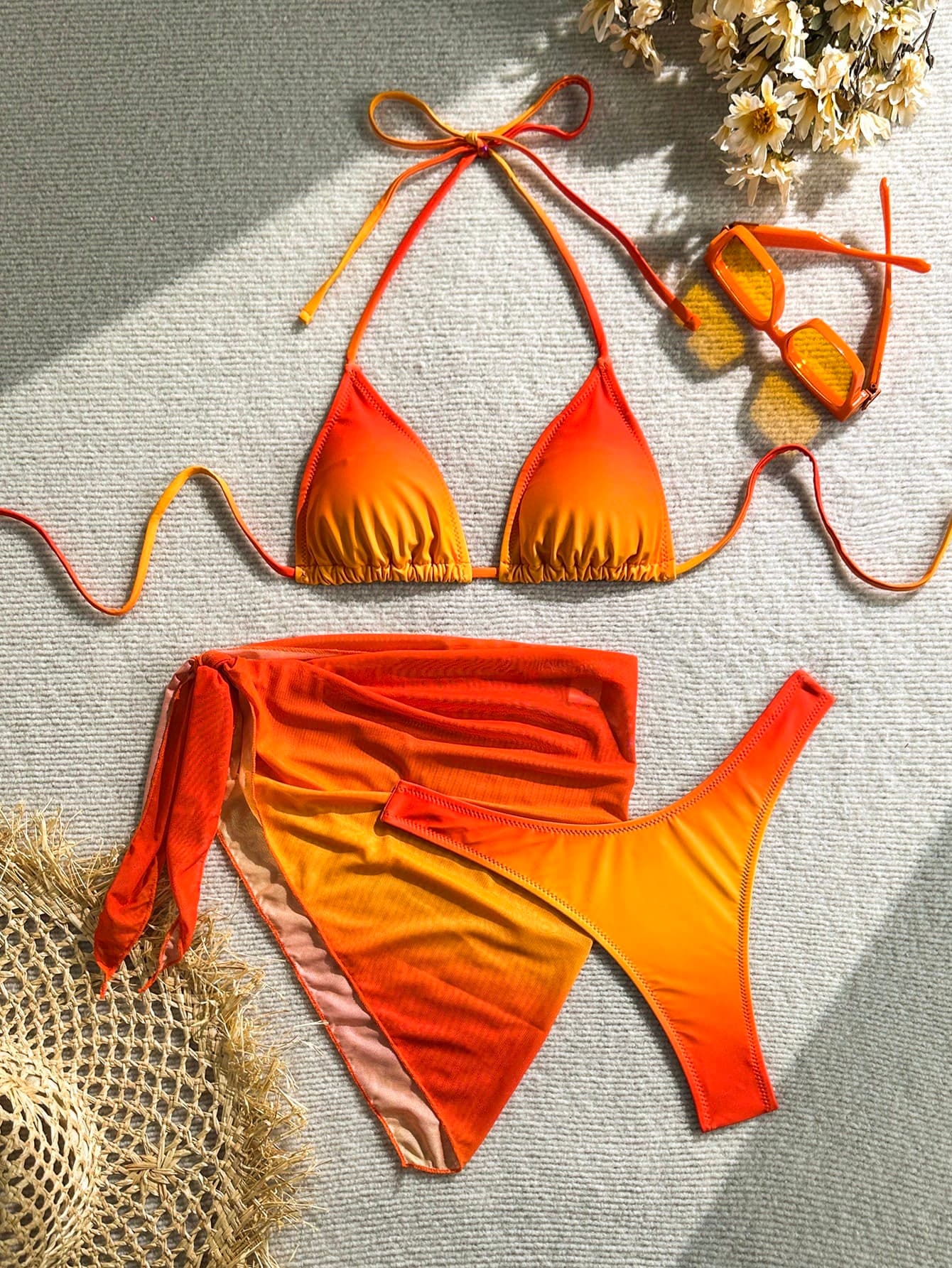 LUCKY HOLIDAY Fashionable And Sexy Three Piece Mesh Skirt Bikini Set Summer Vacation Beach Red