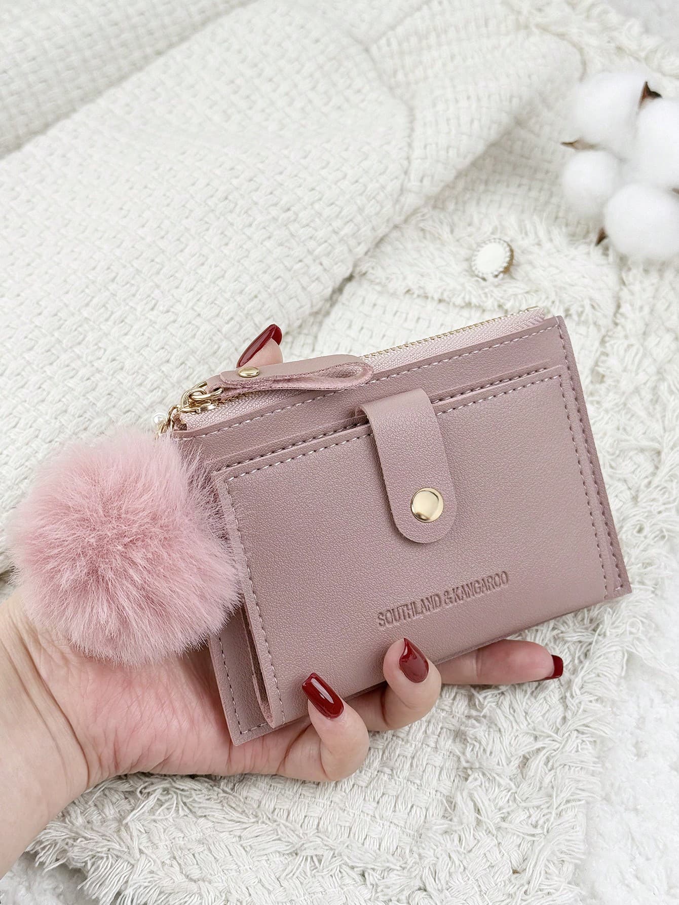 SOUTHLAND&KANGAROO Foldable Compact Wallet With Pom Pom Decor & Pastel Purple Letter Details, Lightweight & Portable, Suitable As Credit Card & Key Holder, Cute & Fashionable, Great Gift For Birthday, Christmas, Anniversary, Business, Valentine's Day, For Lover, Women, Girls, Ladies, Students, Dorm & Back To School