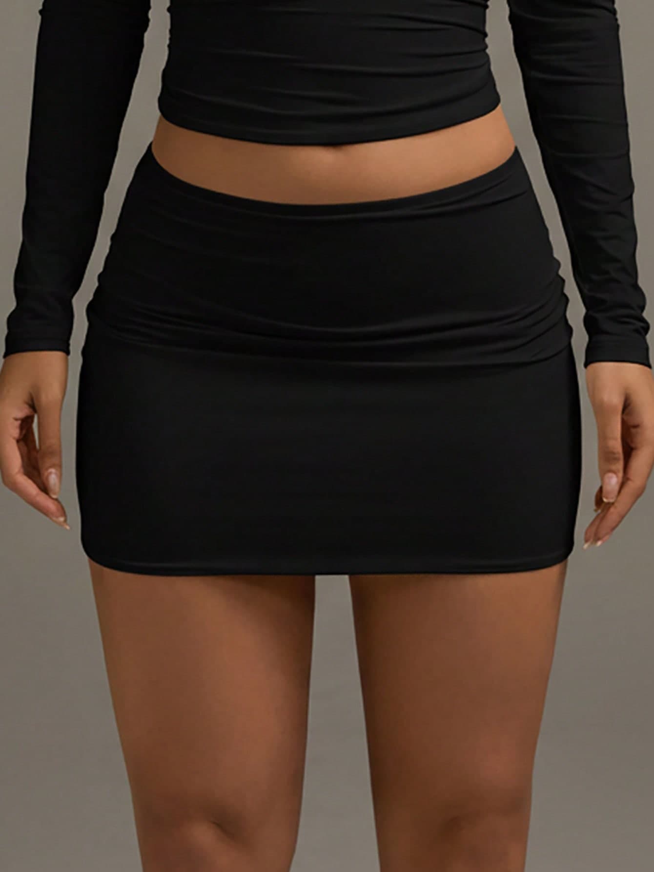 XLLAIS Women's Solid Color Pleated Bodycon Skirt Black Spring