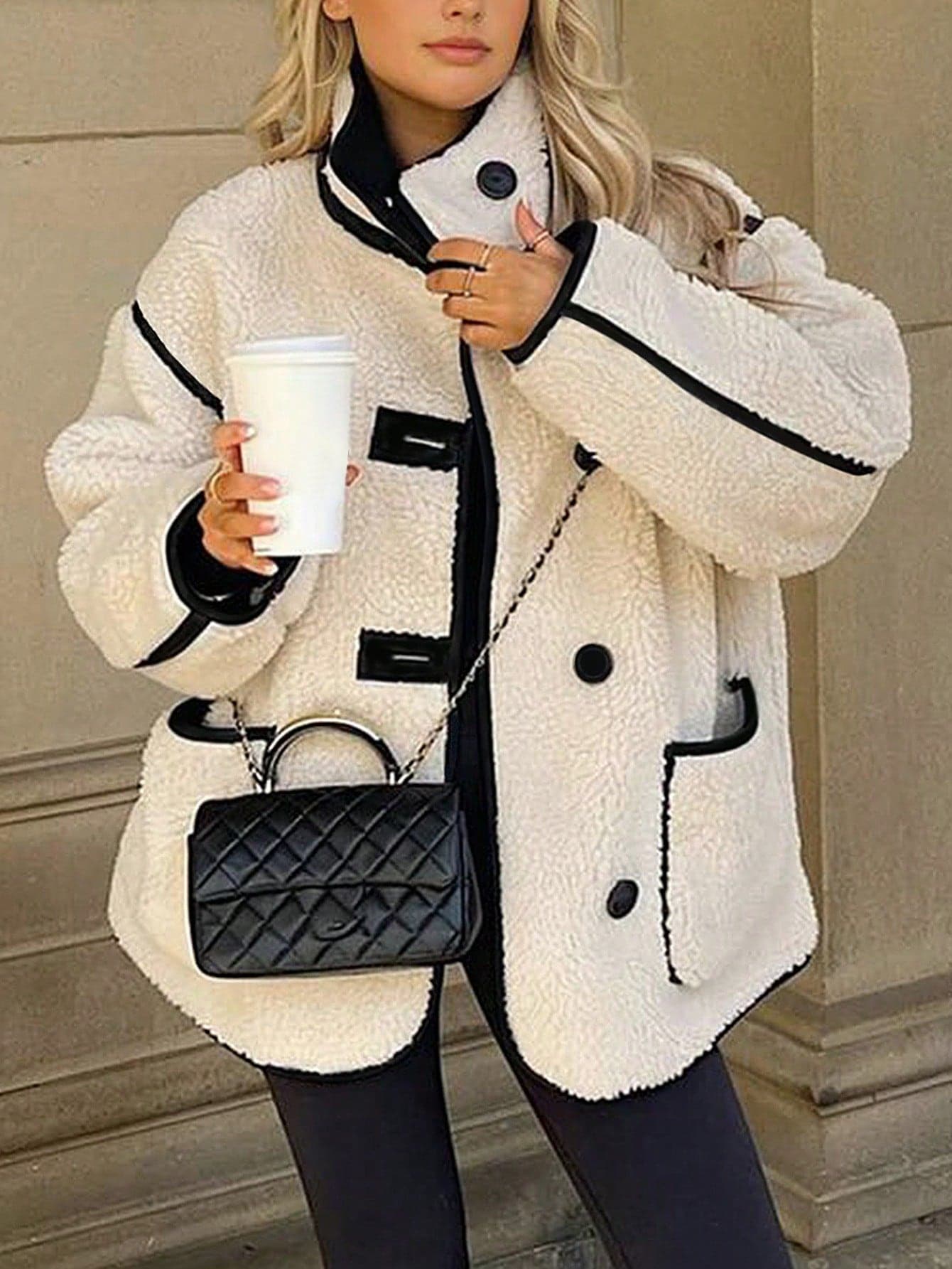 Plus Size Fashionable Turtleneck Teddy Bear Coat, With Contrast Trim And Pockets, Raglan Sleeves, Woven Fabric, Regular Length, Christmas Winter