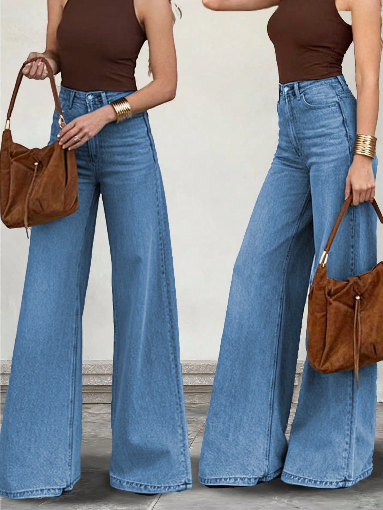 Women's Elegant High-Waisted Wide-Leg Jeans, Long Denim Pants, Button & Zipper Design, Medium Stretch, Create Cute Party Look Casual