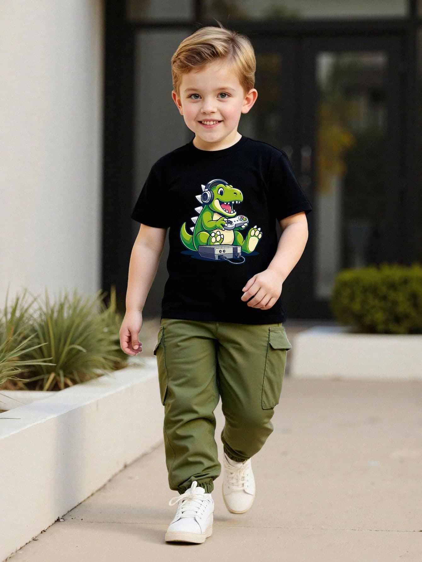 Toddler/Big Boys' Summer Short Sleeve Top And Cargo Pants 2-Piece Set, Cartoon Dinosaur Print, Comfortable Casual Outfit