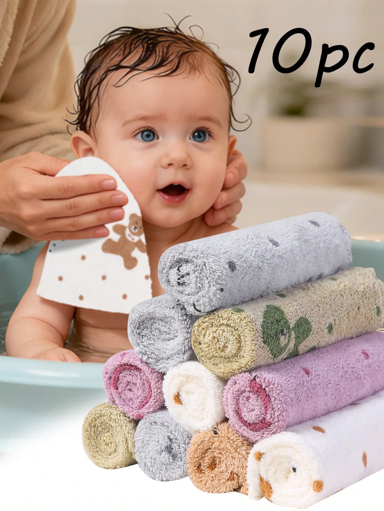 10-Piece Cute Bear Baby Towel Set (11.8" X 11.8"/30x30cm) - Soft Highly Absorbent Washcloths, Burp Cloths, Face Towels & Kids Handkerchiefs, Daily Home Use, Unisex For Boys & Girls, Multi-Use For Feeding/Bathing/Nursing, Perfect Newborn Gift