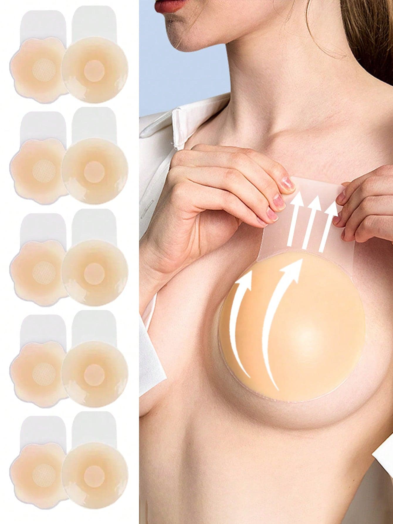 1pair Women's Push Up Silicone Bust Patch, Invisible Sticky Bra For Breast Lift. Strapless Backless Nipple Covers, Seamless Adhesive Petals.