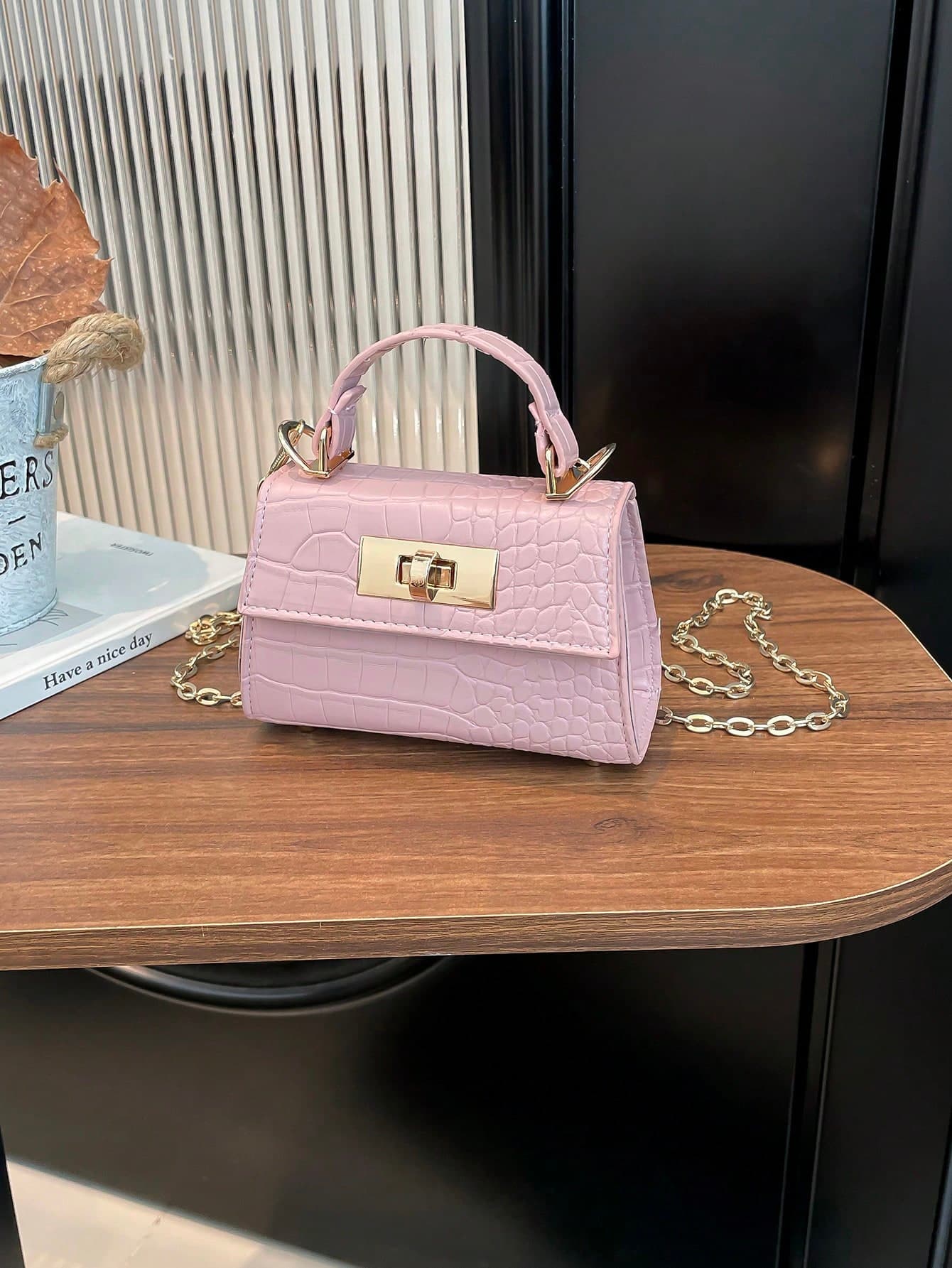1pc Mini Solid Color Crocodile Embossed Flap Lock Small Square Handbag, Fashion Minimalist Women Shoulder Crossbody Bag