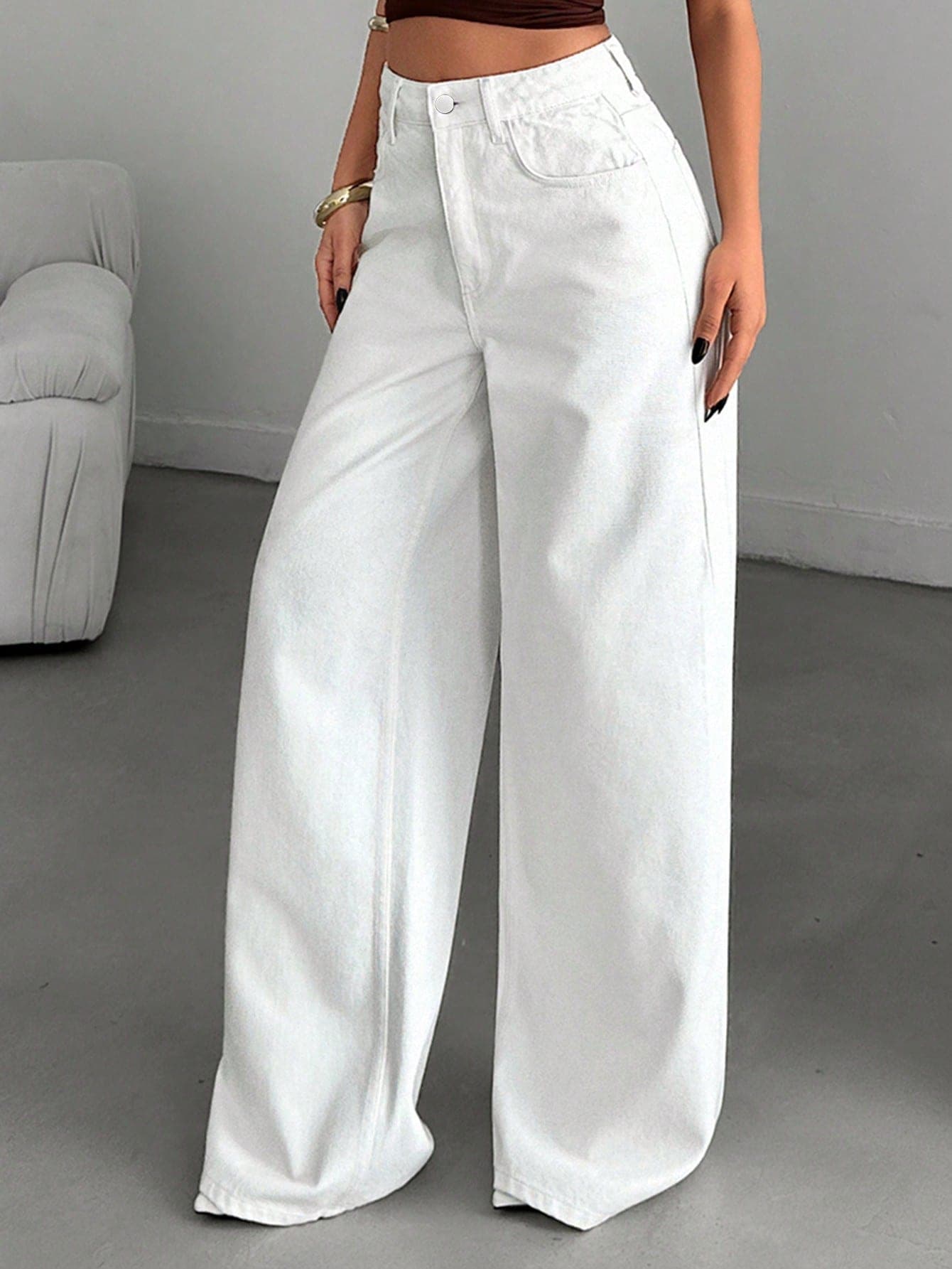 Vintage High-Waist Wide-Leg Denim Jeans, Full-Length White Cotton Pants. Suitable For Spring/Summer Daily, Office And Date Wear Casual