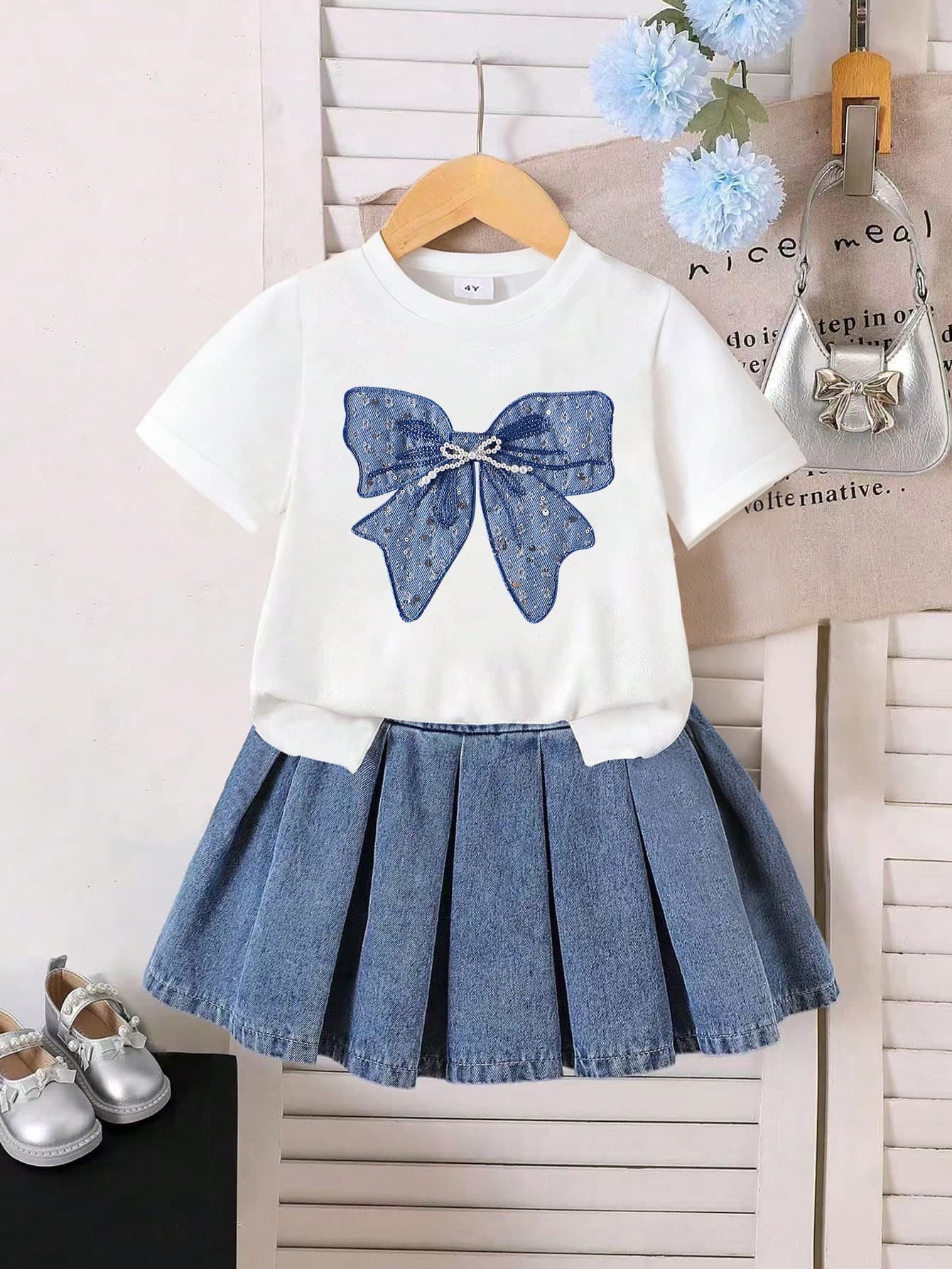 Toddler Girls' Bow Print Short Sleeve Top And Denim Skirt Set