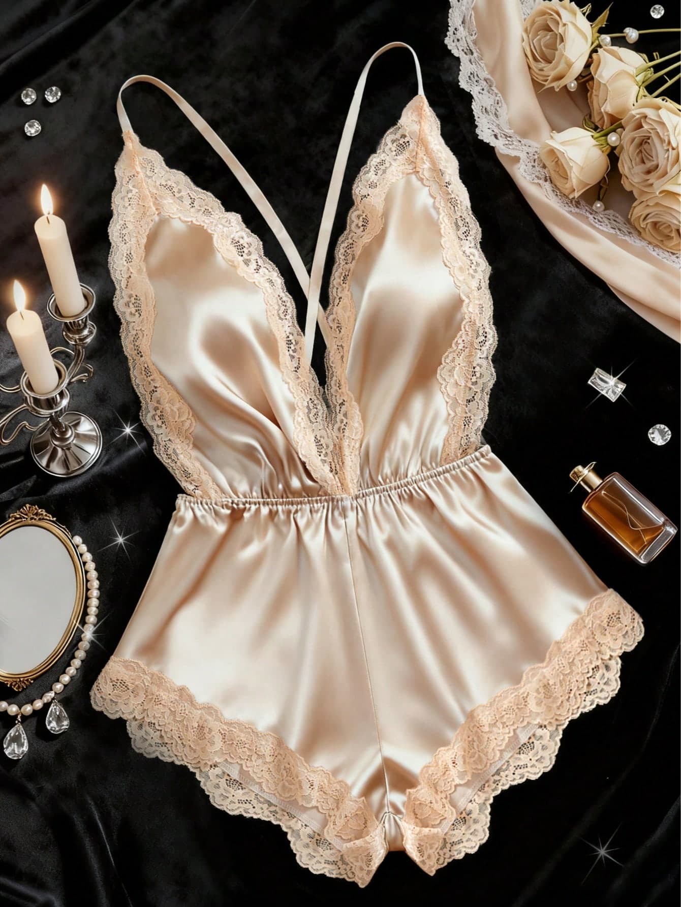 Women's Sexy Lace Deep V-Neck Jumpsuit With Adjustable Criss-Cross Straps And Waist Design, Satin Comfortable Open Back Romper For Home & Outdoor Wear
