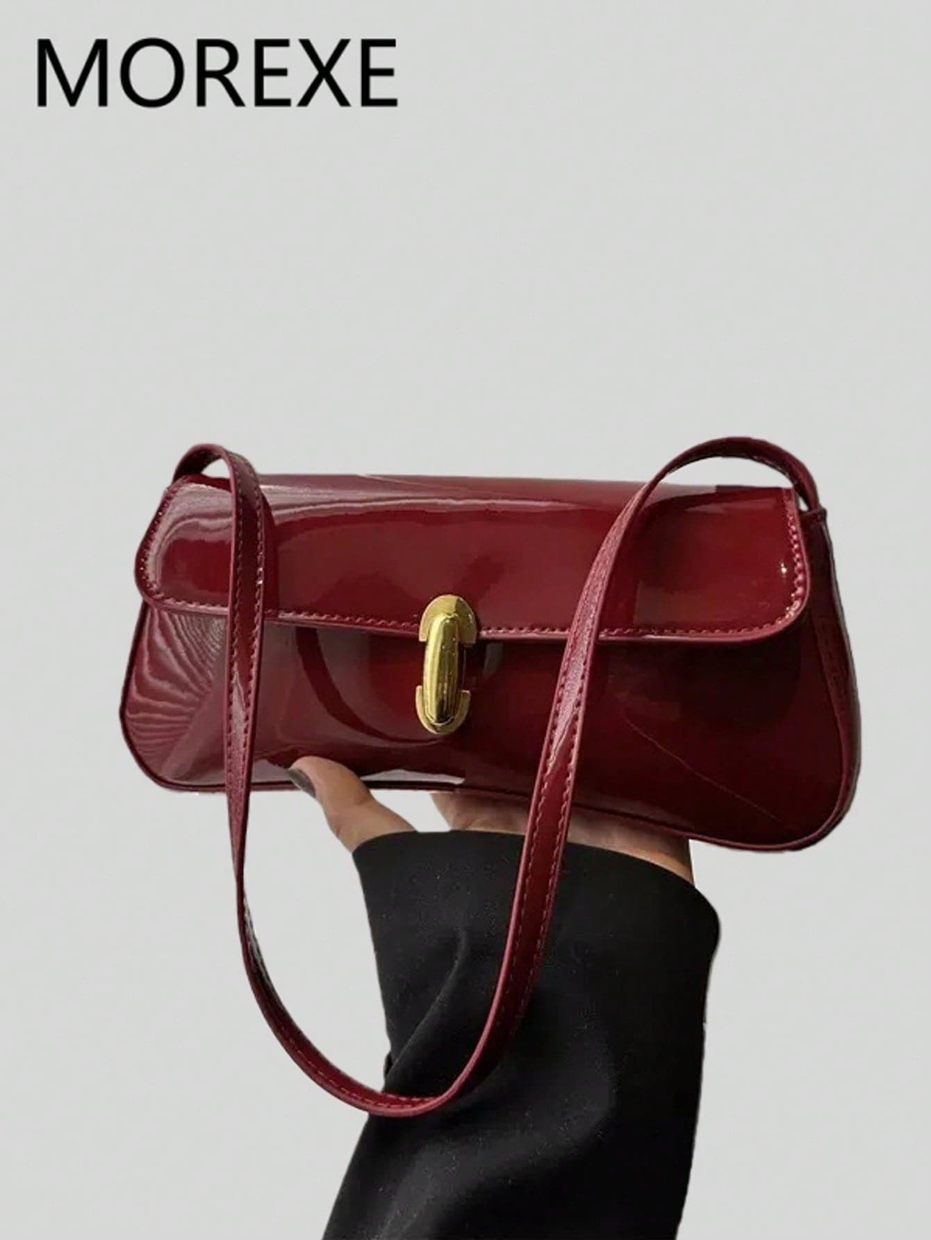 Women Glossy Leather-Look Shoulder Bag, Suitable For Shopping, Dating, Party, New Popular Metal Twist Lock Flap Design Baguette Handbag For 2025