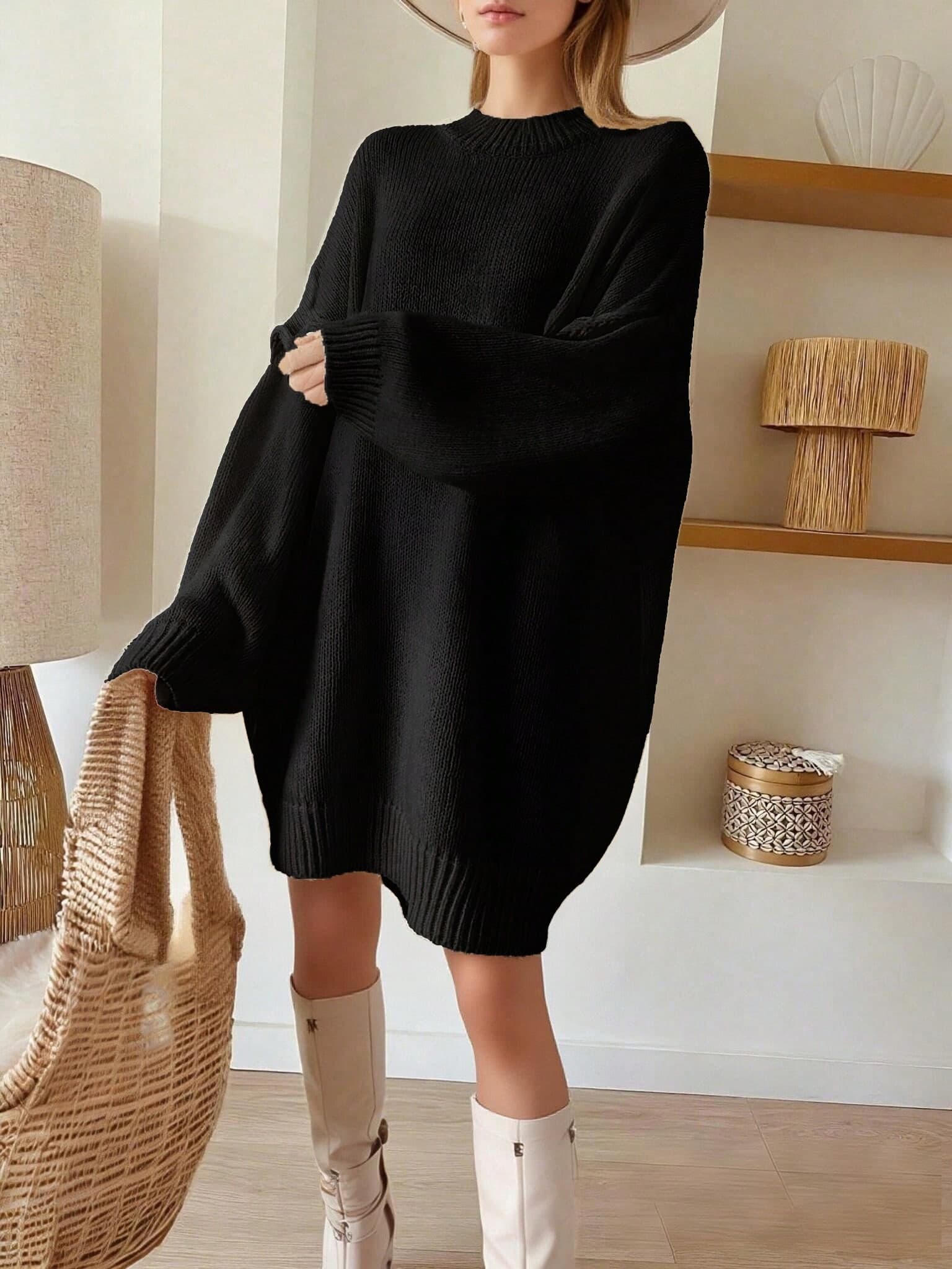 1pc Women's Black Formal Dress, 1pc Women's Plus Size Loose Solid Color Ribbed Knit Pullover Sweater For Autumn/Winter, Women's Plus Size Business Casual Outerwear, Women's Long Sleeve Cardigan, Elegant Women's Apparel, Plus Size Sweater Dress