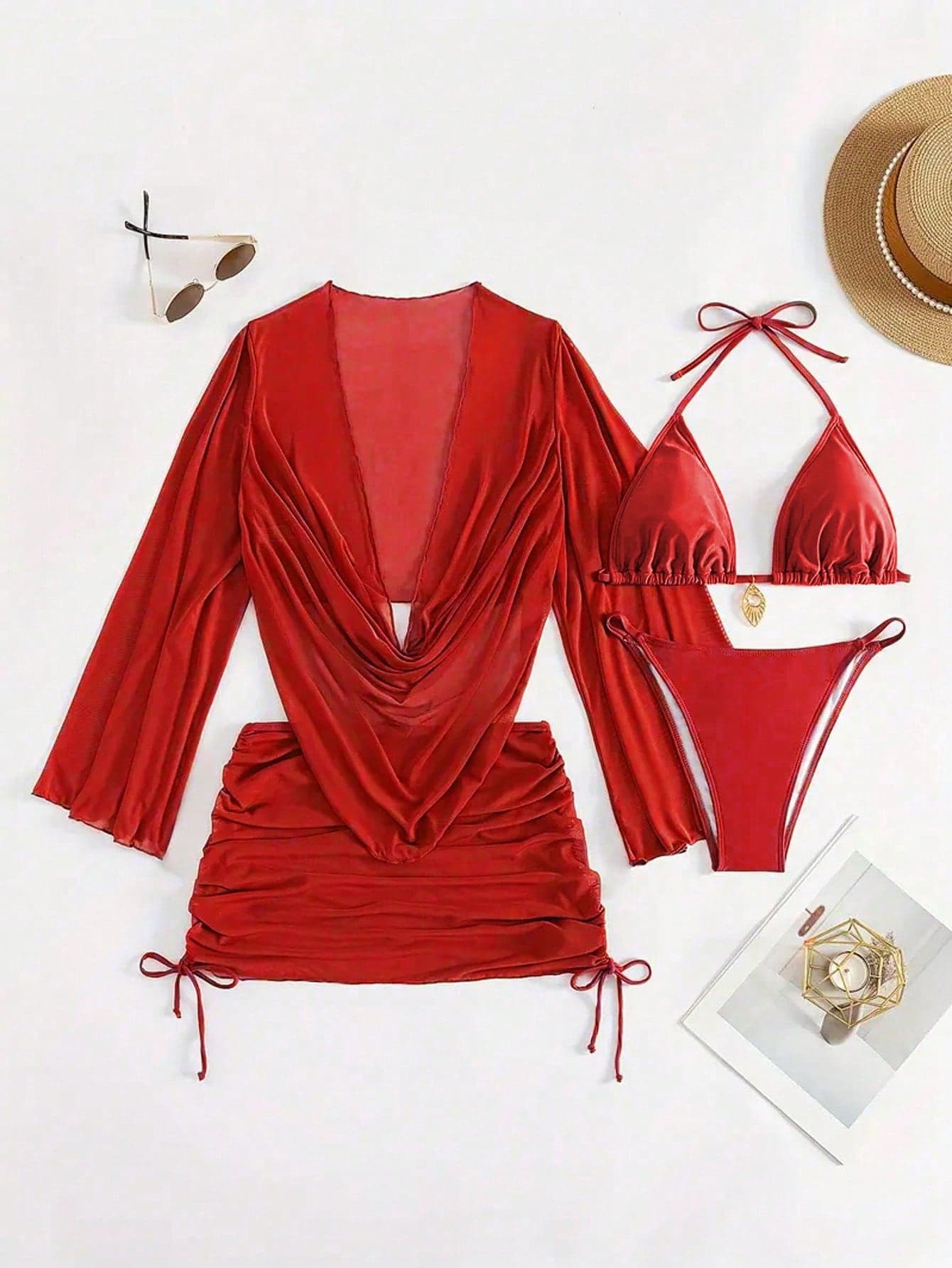 4pcs Sexy Solid Color Bikini Set With Sheer Cover-Up, Suitable For Vacation, Beach Party, Perfect For New Year And Valentine's Day, Elegant And Stylish. Red Dress, Red Top, Women's Summer