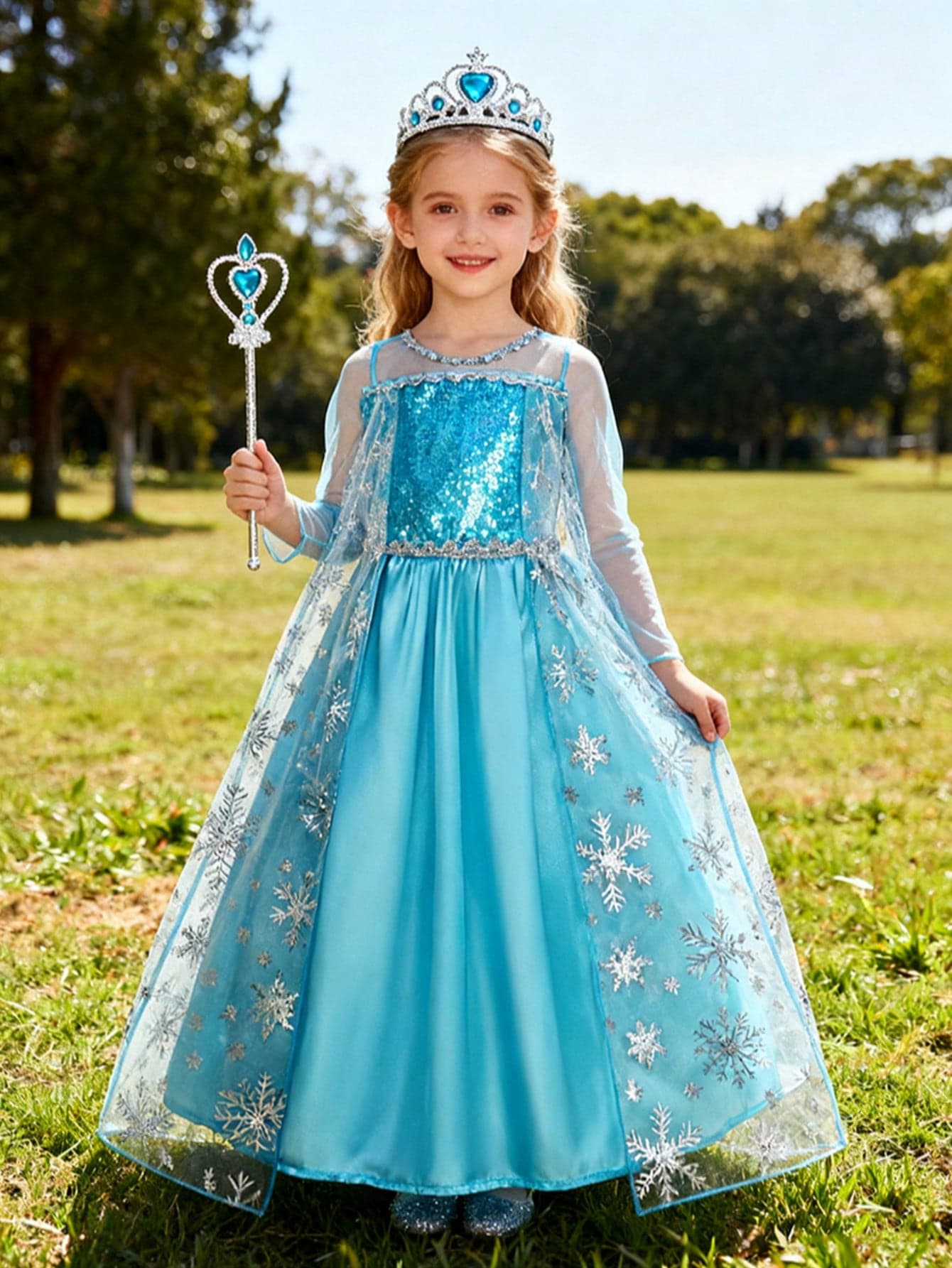 Light Blue Sequin Decorated Mesh Girls Dress With Magic Wand Crown Accessories, Casual Dress For Girls, New Spring/Summer/Autumn/Winter, Suitable For Middle East Eid, Purim, Outings, Parties, Birthdays And Other Events