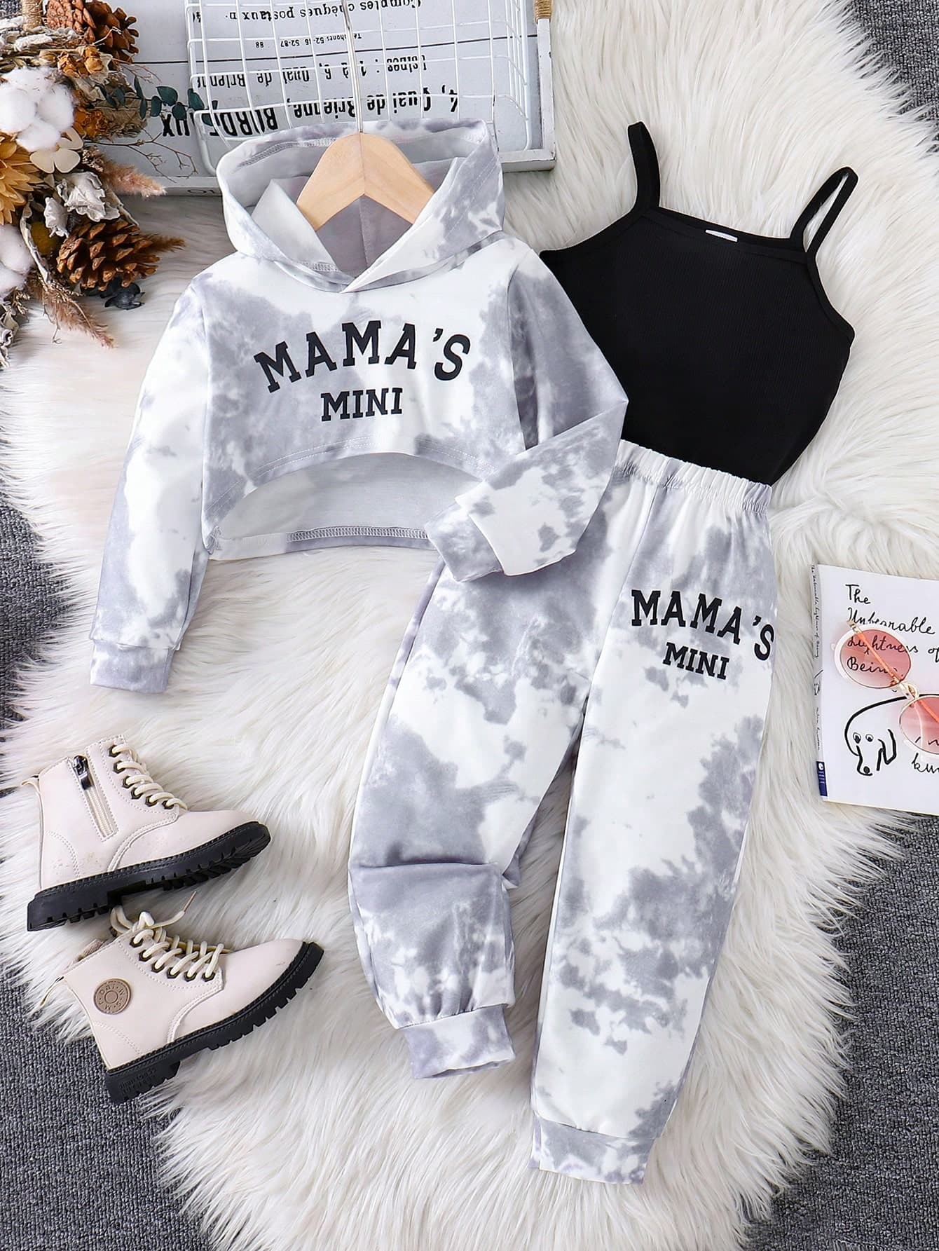 3pcs Young Girls Street Style Tie-Dye Print Hoodie Sweatshirt, Camisole, And Long Pants Set, Autumn & Winter