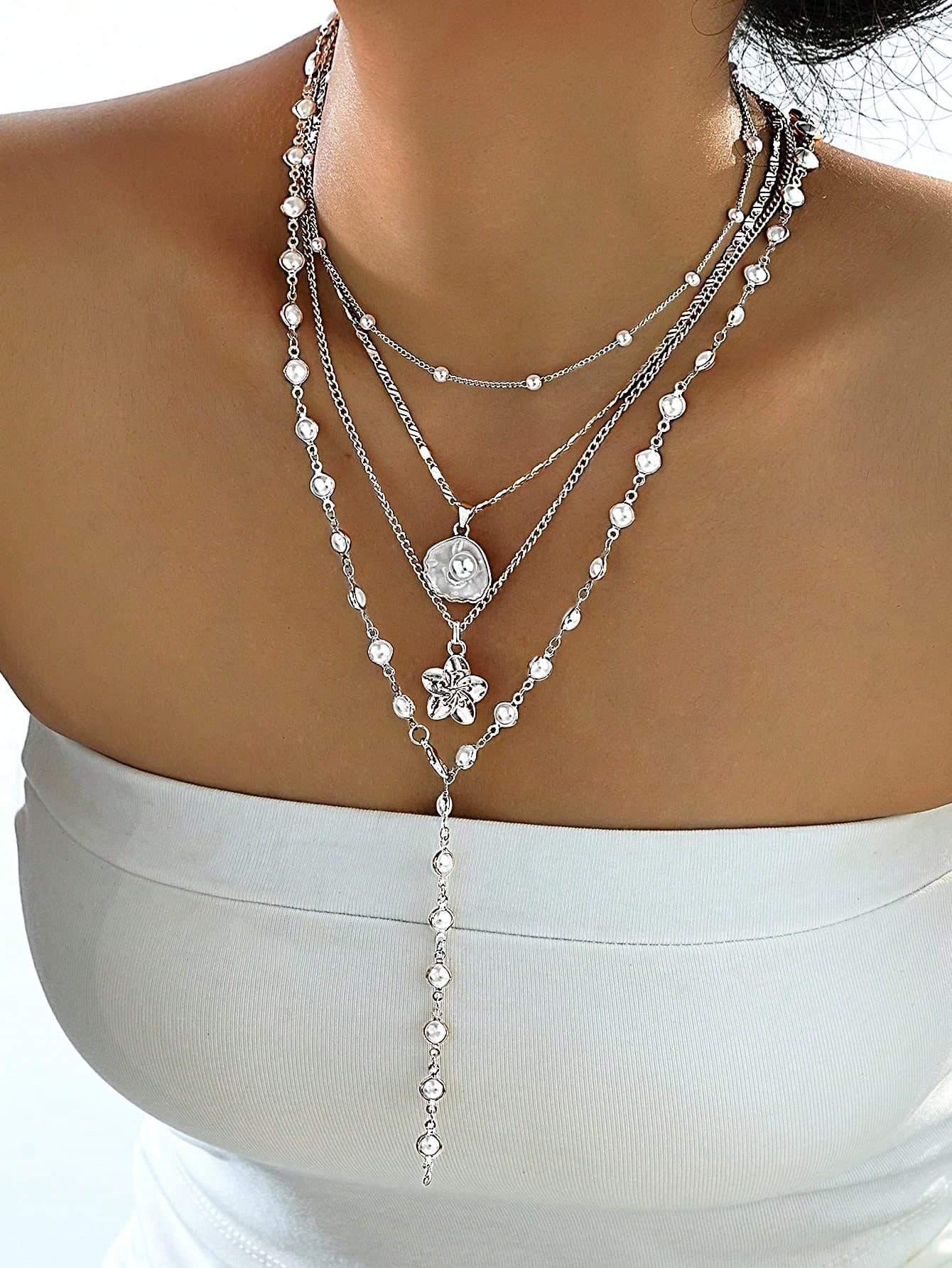 4pcs Fashionable Minimalist Bohemian Shell Flower & Faux Pearl Y-Necklace Set, Versatile For Vacation, Date, Party, Gift, Daily Wear
