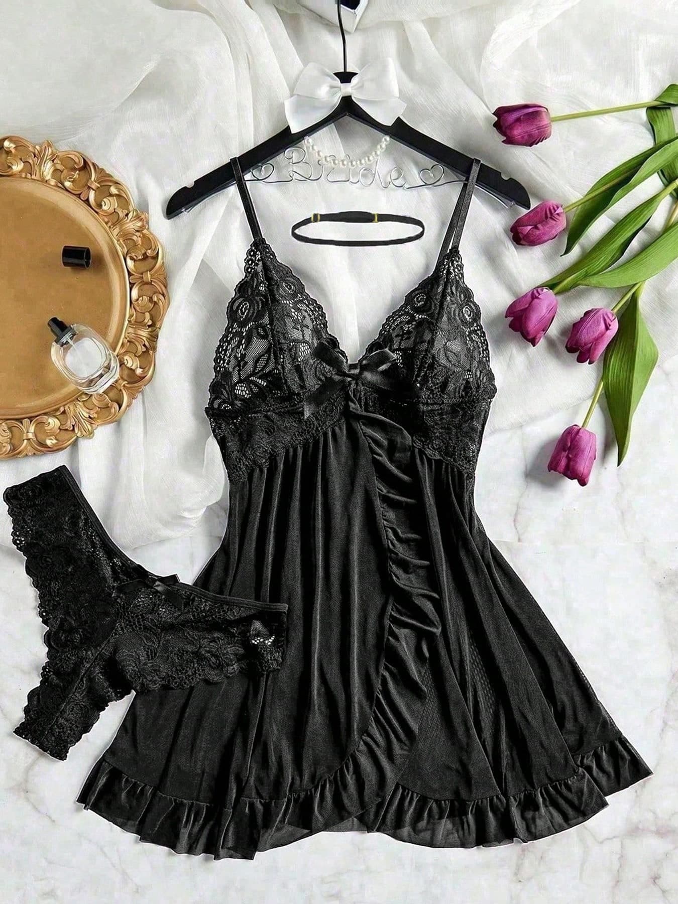 SOFUSEN 3pcs/Set Women Sexy Deep V Lace Lotus Lingerie Set, Versatile Sexy Sleepwear For Bedroom, Bathroom, Party