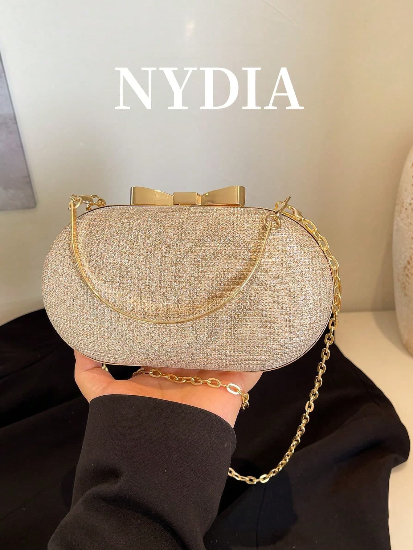 Fashionable Mini Glamorous Metal Chain Shiny/Sequin Portable Gold Women's Evening Bag, Wedding Items