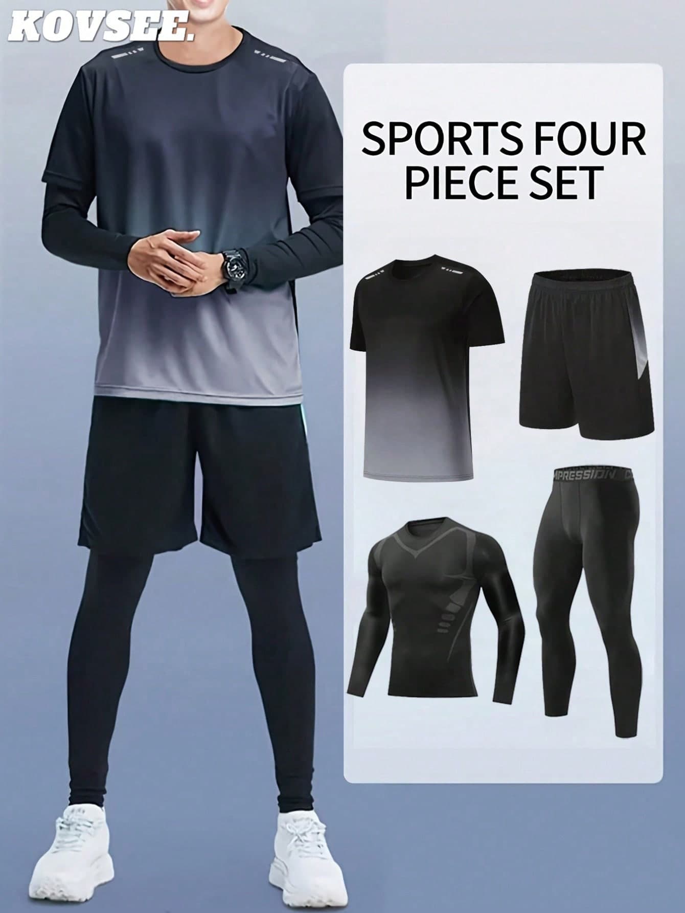 KOVSEE 4PCS Men's Fall And Winter Outdoor Sports Running Basketball Soccer Night Running Jerseys Quick Dry Breathable Sportswear Fitness 4 Piece Set Spring