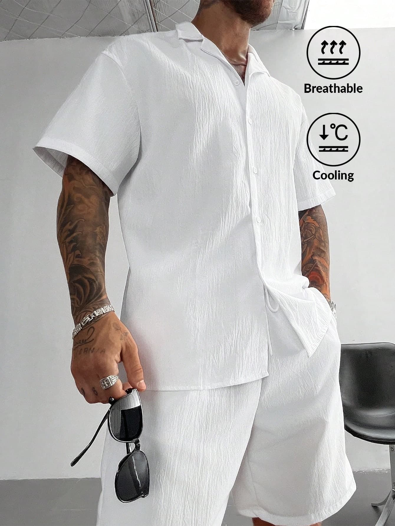 GloMan Men's White 2-Piece Set Summer Cuban Style Linen Shirt And Drawstring Shorts Outfit, Old Money Casual Beach Wedding Party Vacation Travel, Suitable For Husband/Dad/Boyfriend