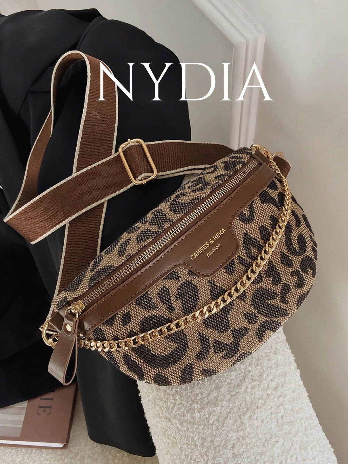 Millennial Vintage Chain Decor Houndstooth & Leopard Print Shoulder & Waist Bag, Leopard Print Bag, Animal Print Women Bag
