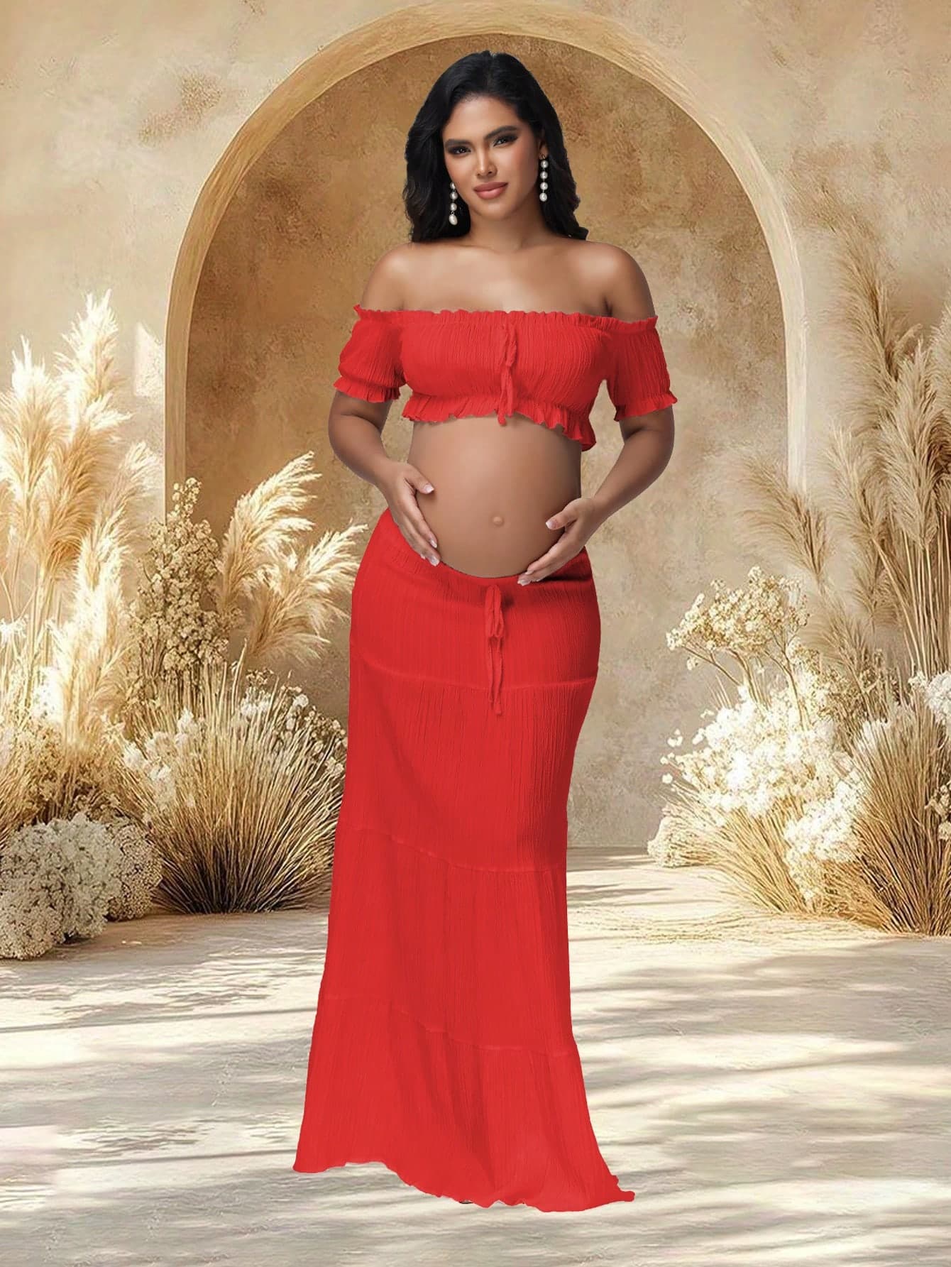 JustVH 2pcs/Set Maternity Open Shoulder Ruffle Hem Crop Top And Flowing Maxi Skirt Set, Suitable For Photography And Beach Wear Spring Red