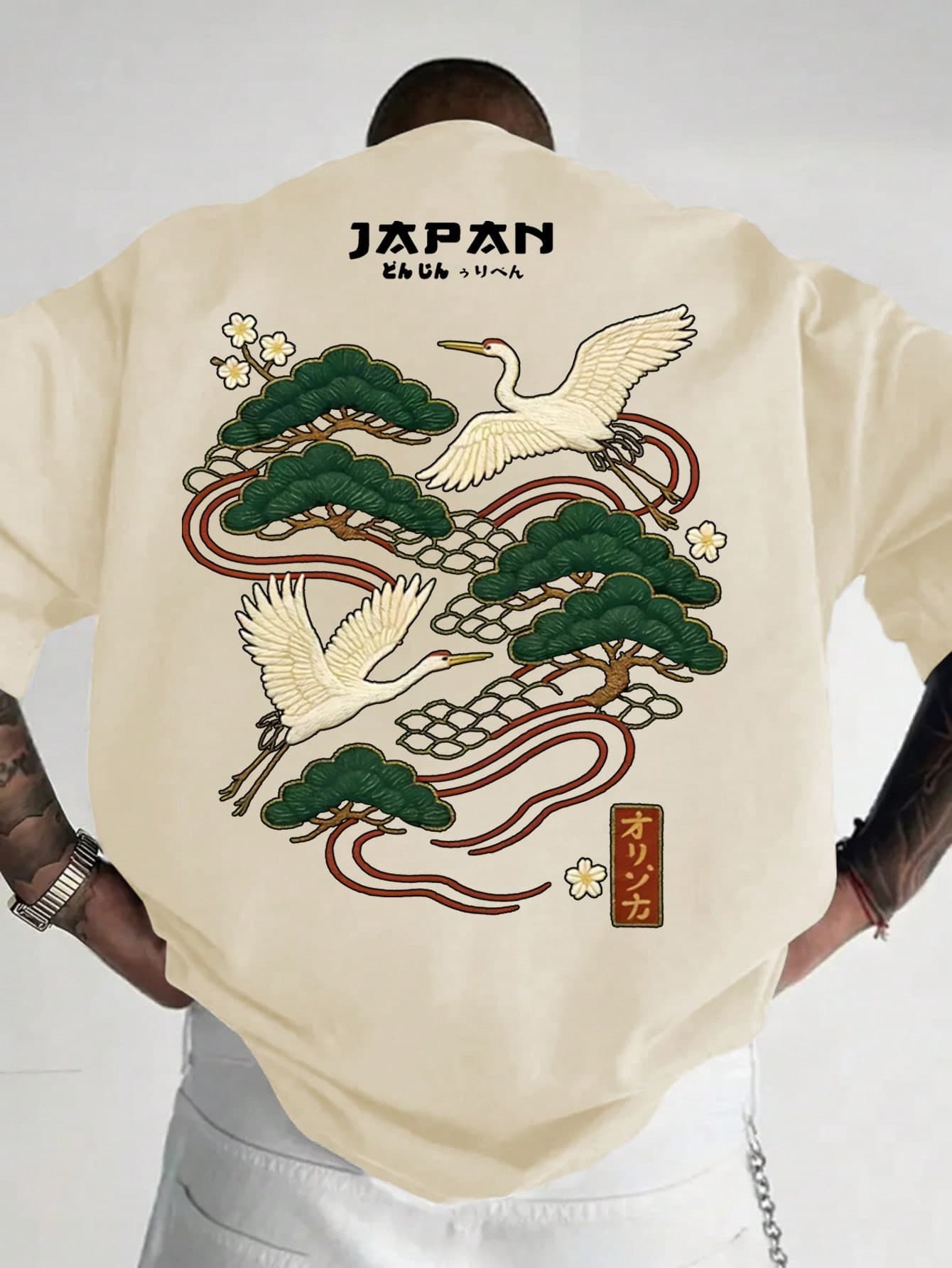 Zrgoth Men's Casual Versatile Minimalist Japanese Crane Print Short Sleeve T-Shirt