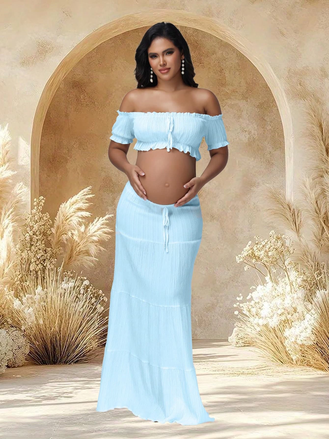 JustVH 2pcs Maternity Off-Shoulder Ruffle Hem Crop Top And Flowing Maxi Skirt Set, Suitable For Photography And Beach Wear Spring