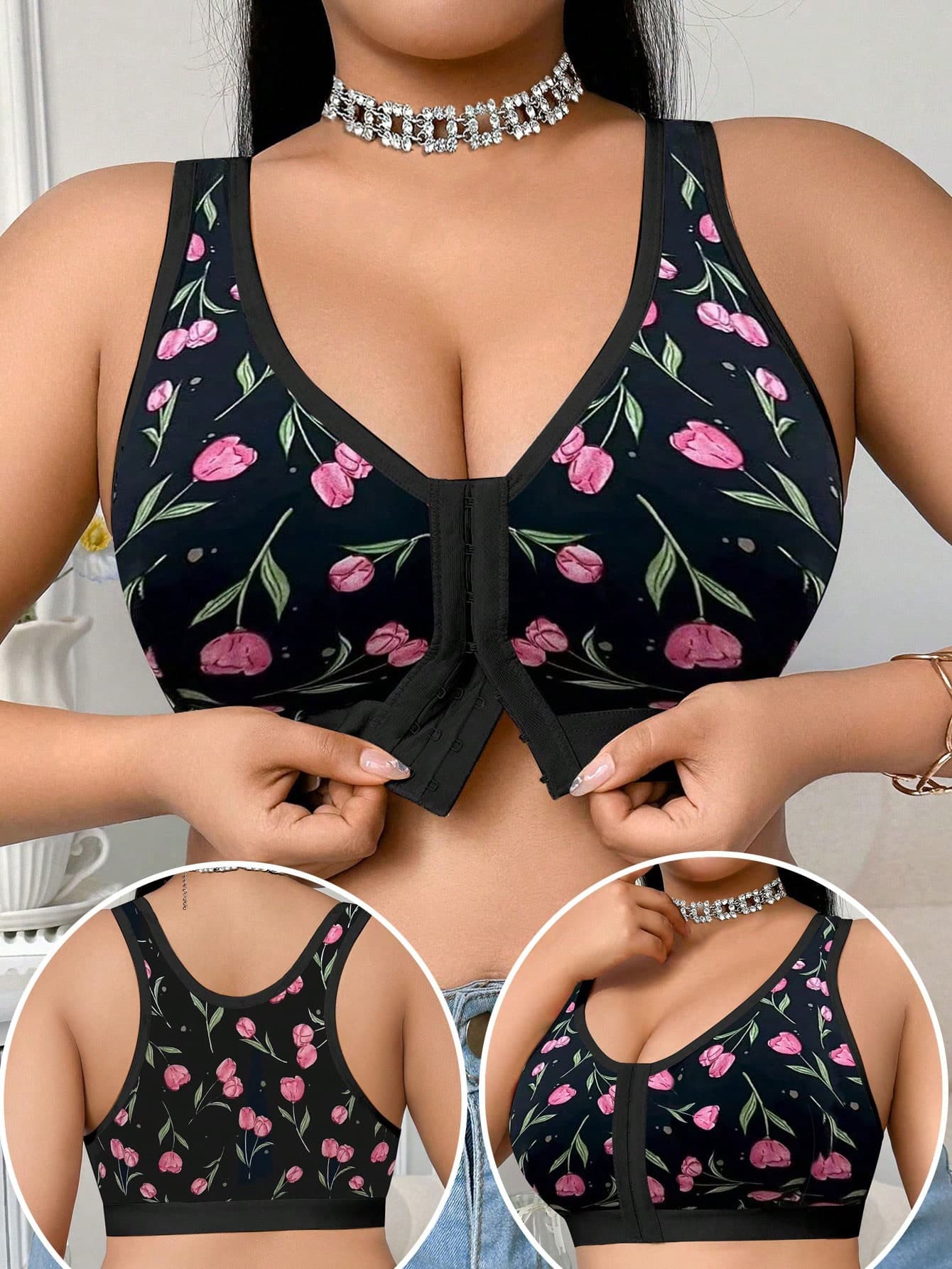 Plus Size Comfortable Wireless Printed Front Closure Bra