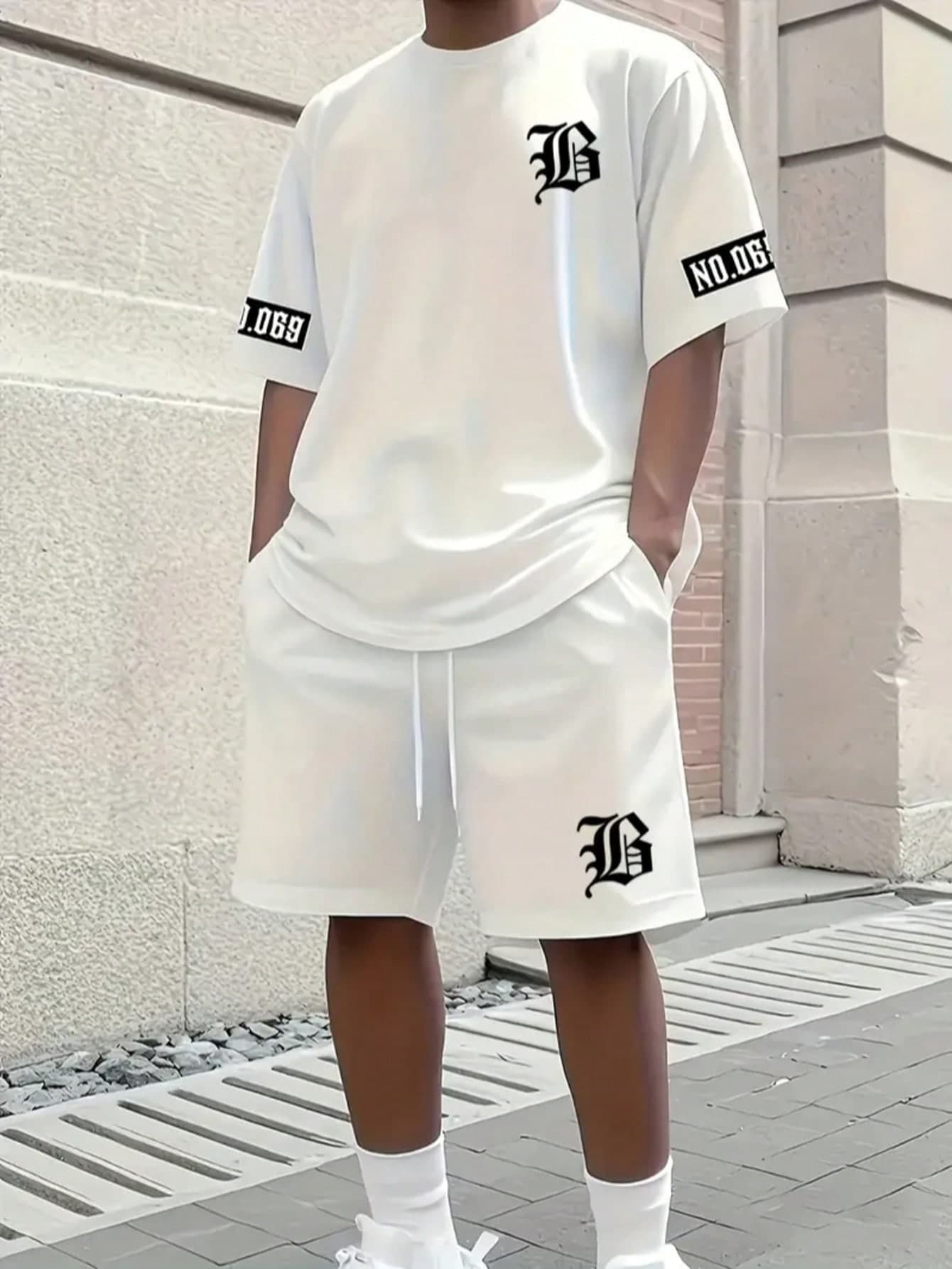 Men's White T-Shirt And Sports Shorts Set, With Prominent Letter And B Pattern Print Design