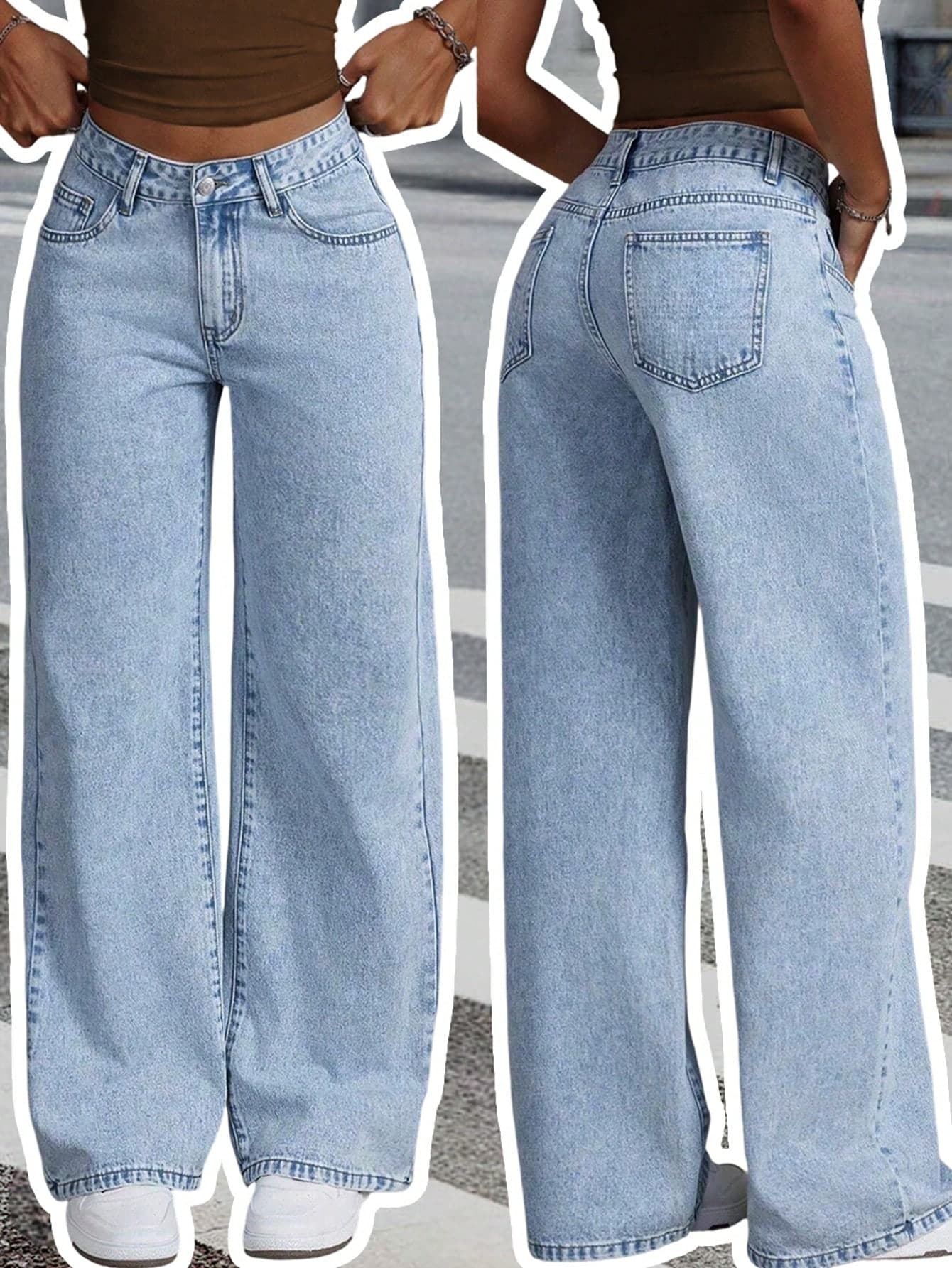 Women's Light Blue Mid-Waist Slim Fit Straight Leg Casual Pants & Versatile Washed Denim Spring