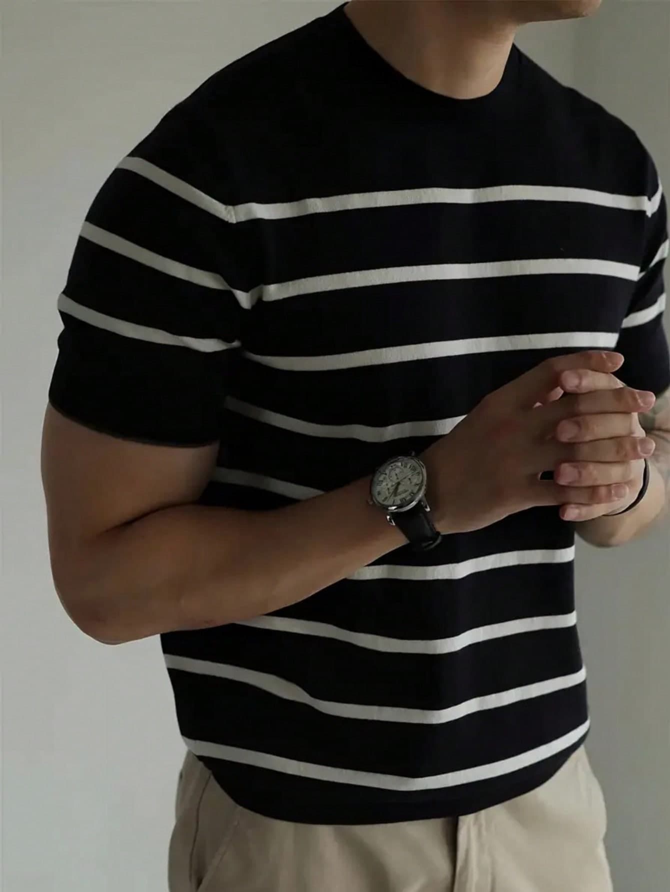 Short Sleeve Knit Striped Sweater, Black And White Color Block, Lightweight Crew Neck Pullover Top, Vintage Casual Commuter Wear For Men