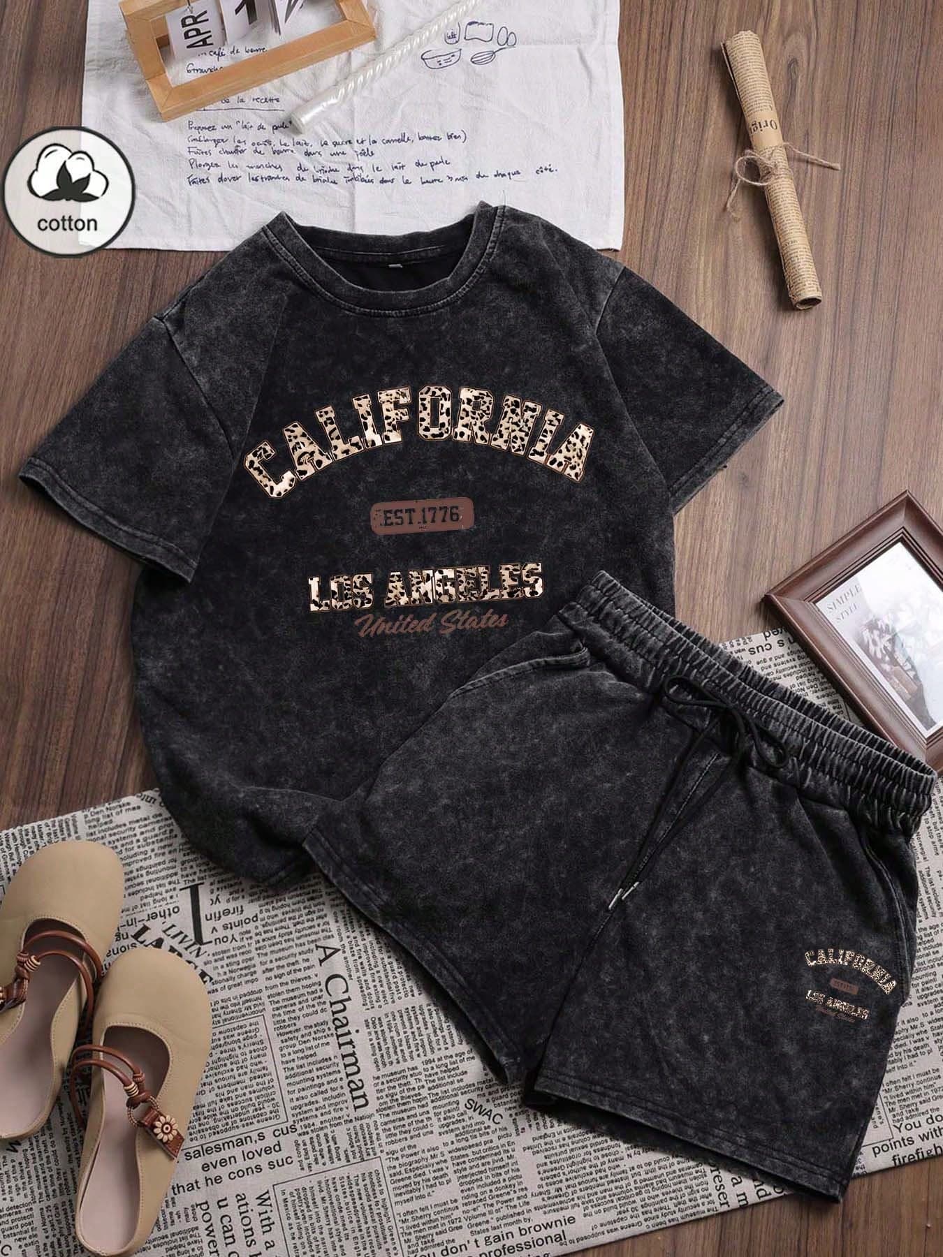 ZZG Es Trus Women's Cotton Summer 2-Piece Set: Leopard Print "California, Los Angeles" Letter Graphic Tee And Shorts, Retro Streetwear Style, Comfortable Vintage Y2K Fashion Black Elegant