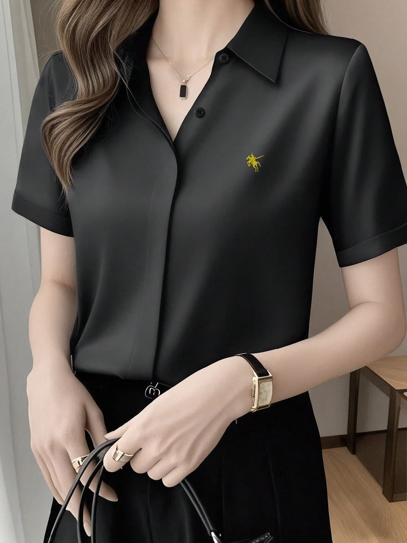 Silk Short Sleeve Designed Chic Hong Kong Style Satin Shirt, Solid Color, Button Up, Office Wear Spring Black