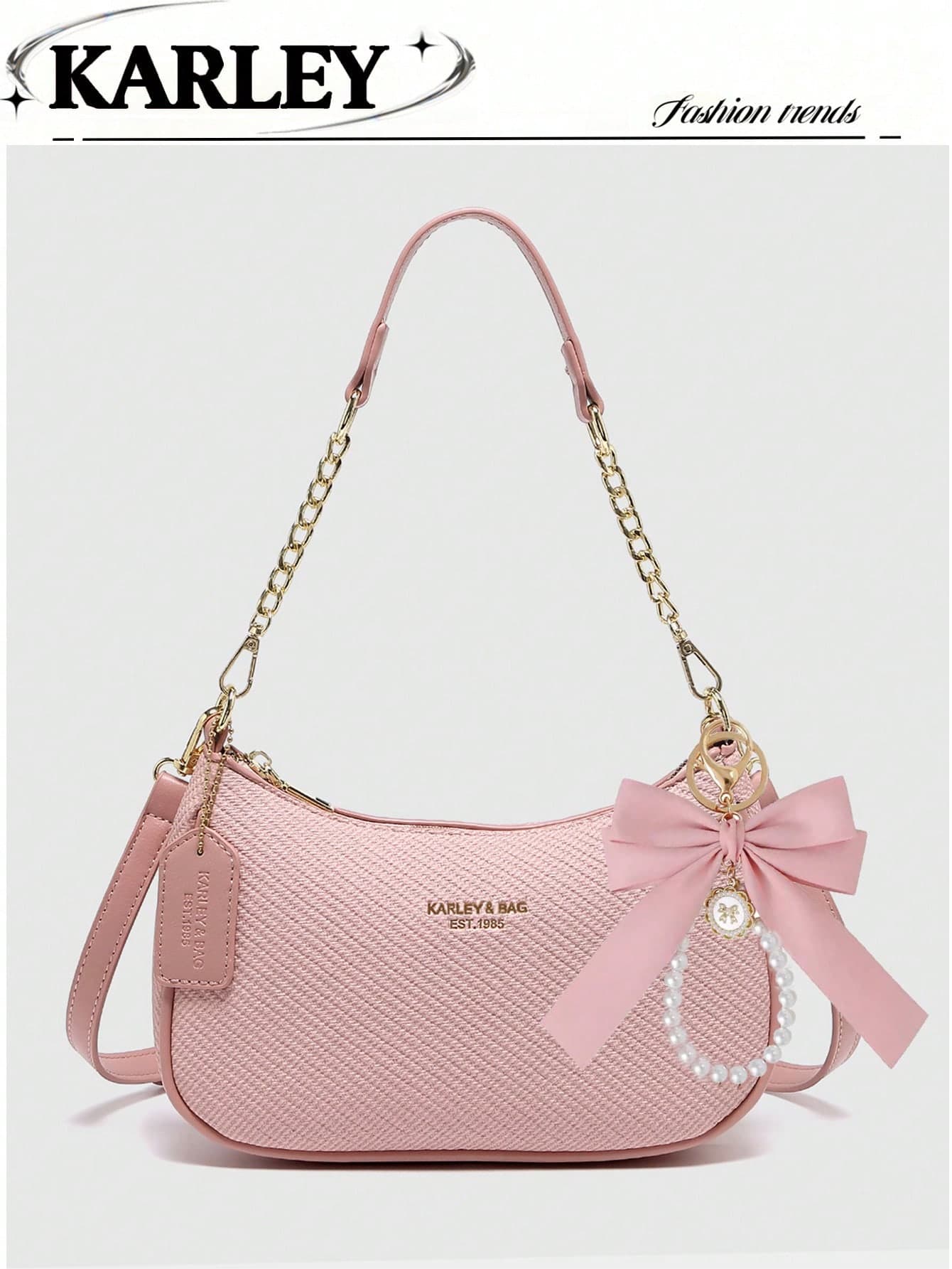 2025 New Fashion Classic Versatile Letter Graphic Design Solid Color PU Leather Crescent Shoulder/Underarm Bag, Y2K Shoulder/Underarm Bag, Suitable For Shopping, Can Be Worn Crossbody ,Pink Bag