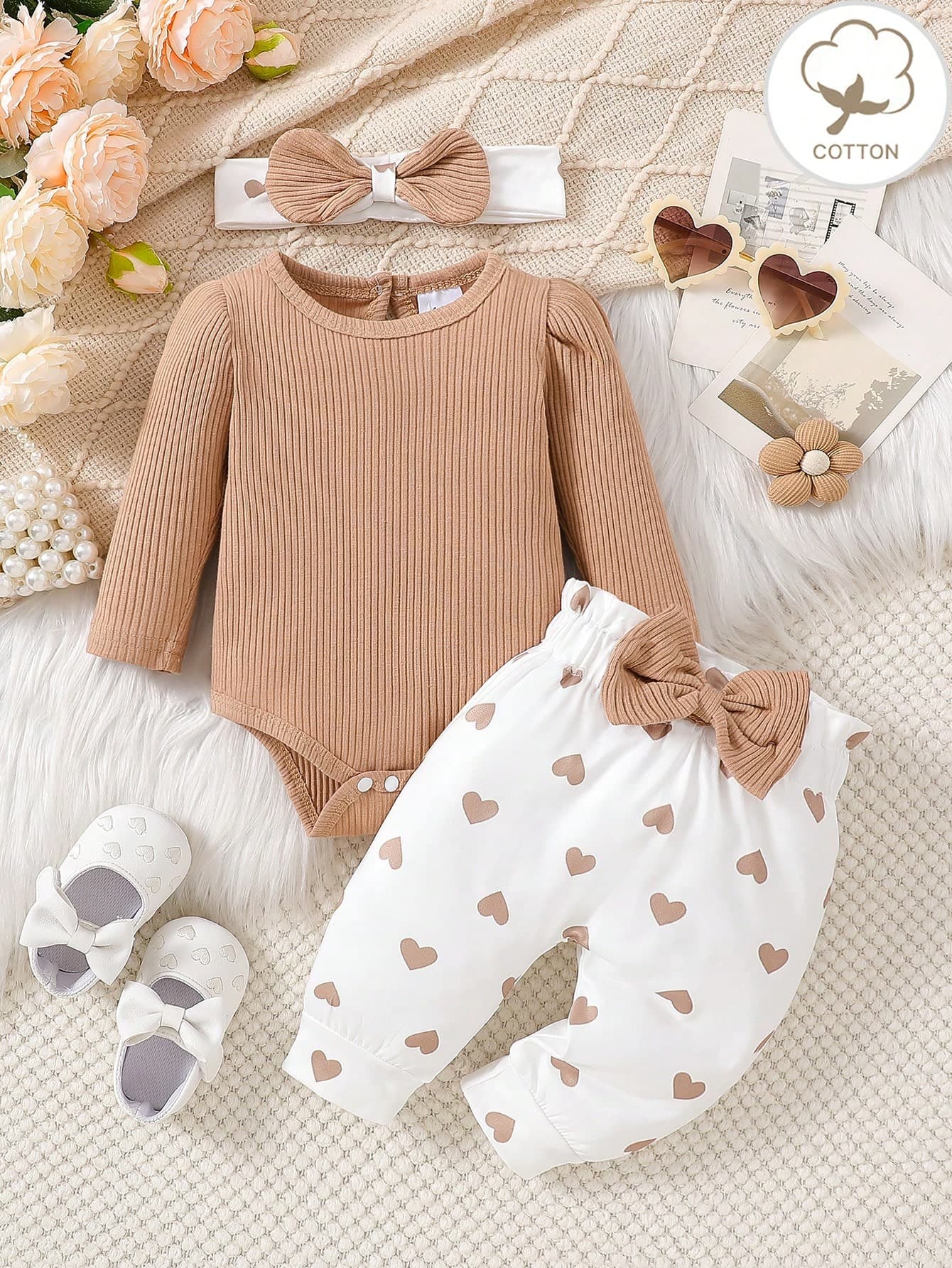3pcs Newborn Baby Girls Autumn/Winter Cute Ribbed Puff Sleeve Bodysuit, Heart Pattern Bow Pants And Headband Set
