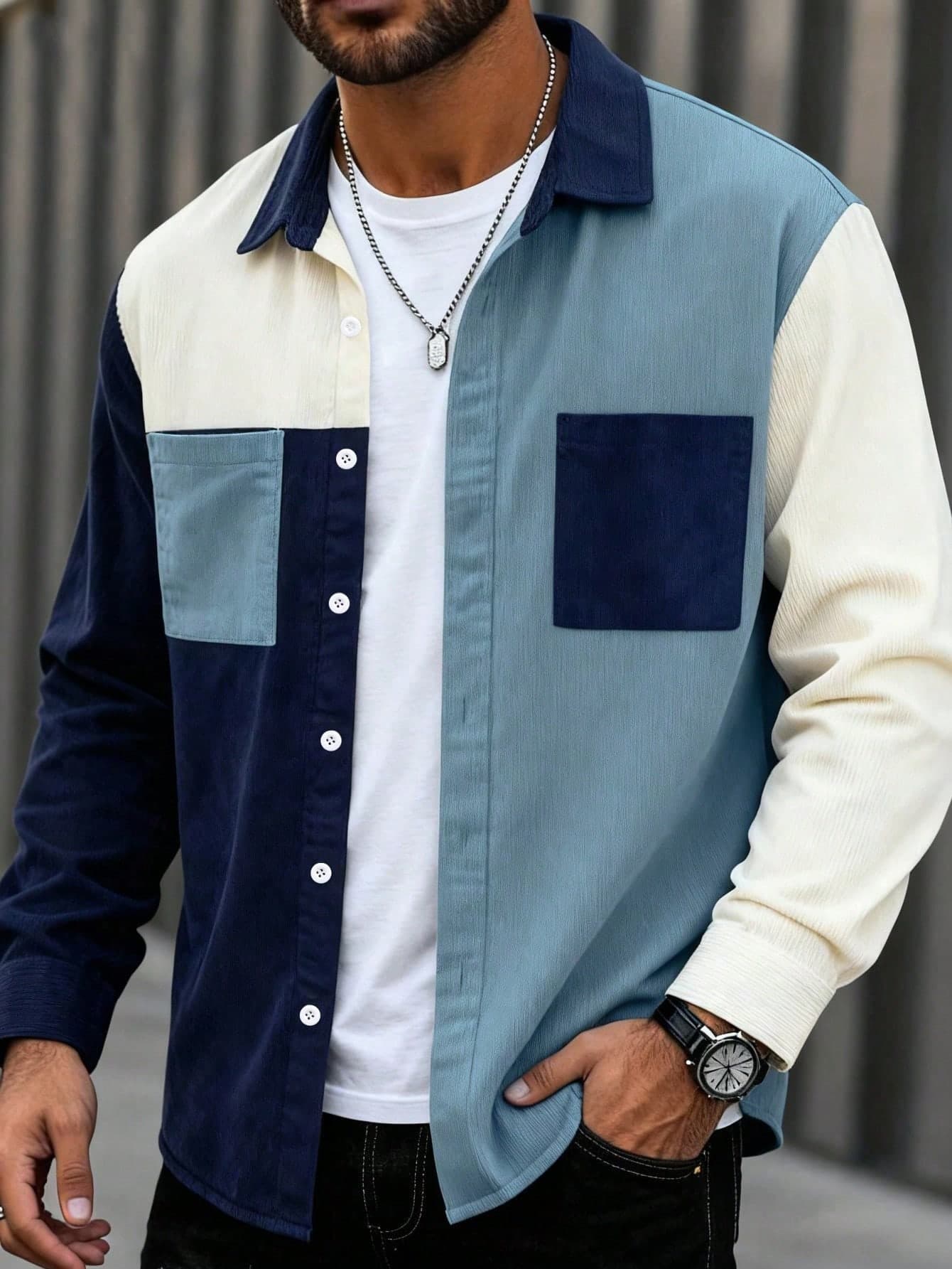 Men's Corduroy Multi-Color Contrast Patchwork Design Casual Fashion Minimalist Commute Street Style Summer New Long Sleeve Shirt