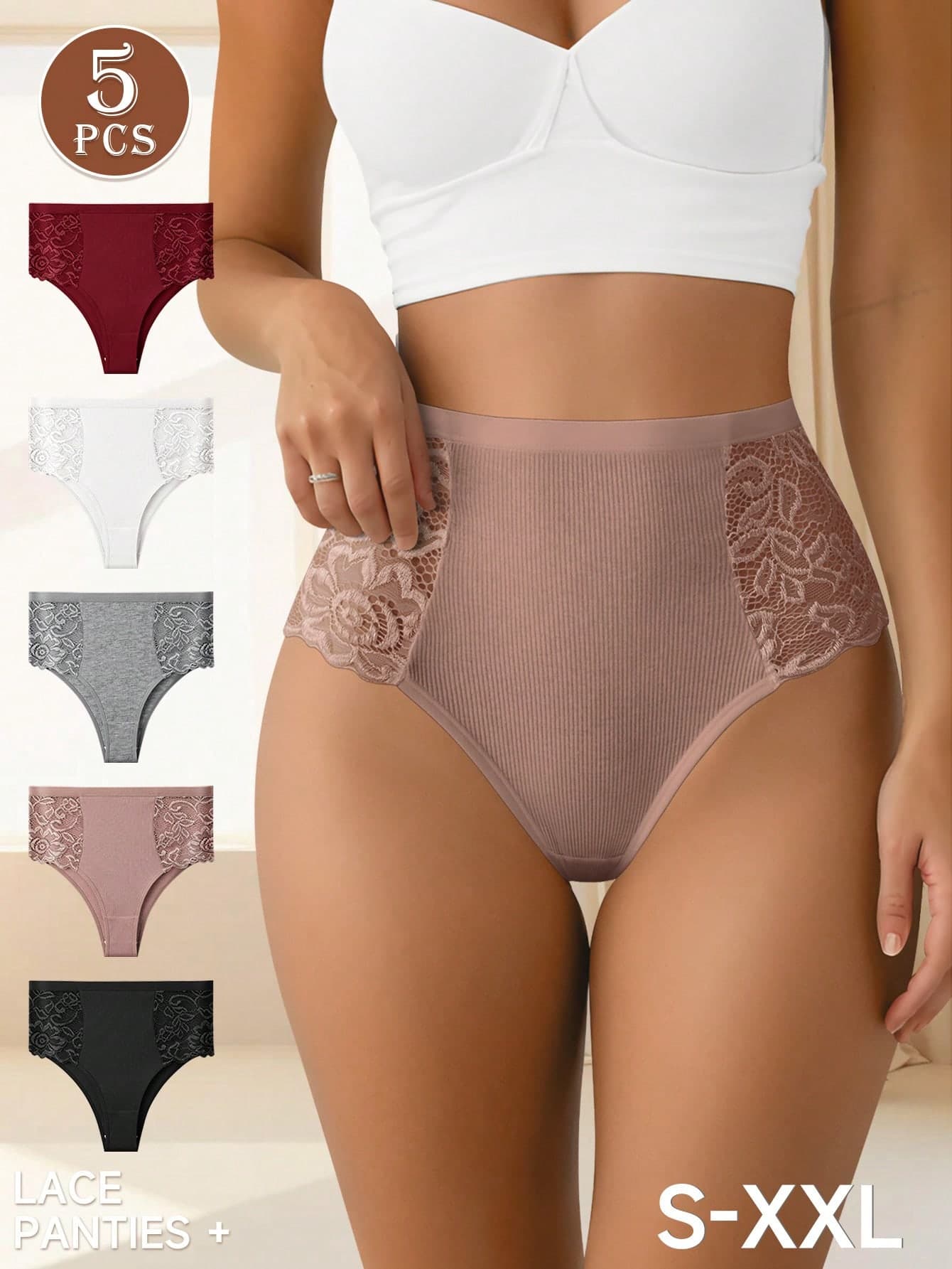 QUASTI 5pcs Women High Waist Lace Print Breathable Mesh Soft Elastic Briefs, Comfortable Skin-Friendly, Ideal Gift Choice