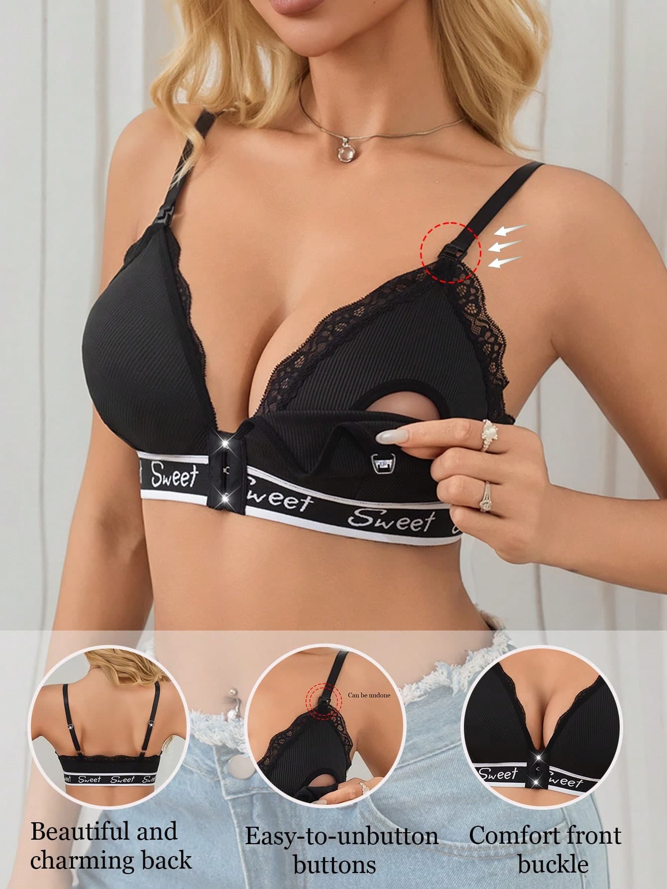 Women's Black Letter Jacquard Lace Patchwork Comfortable Nursing Bra