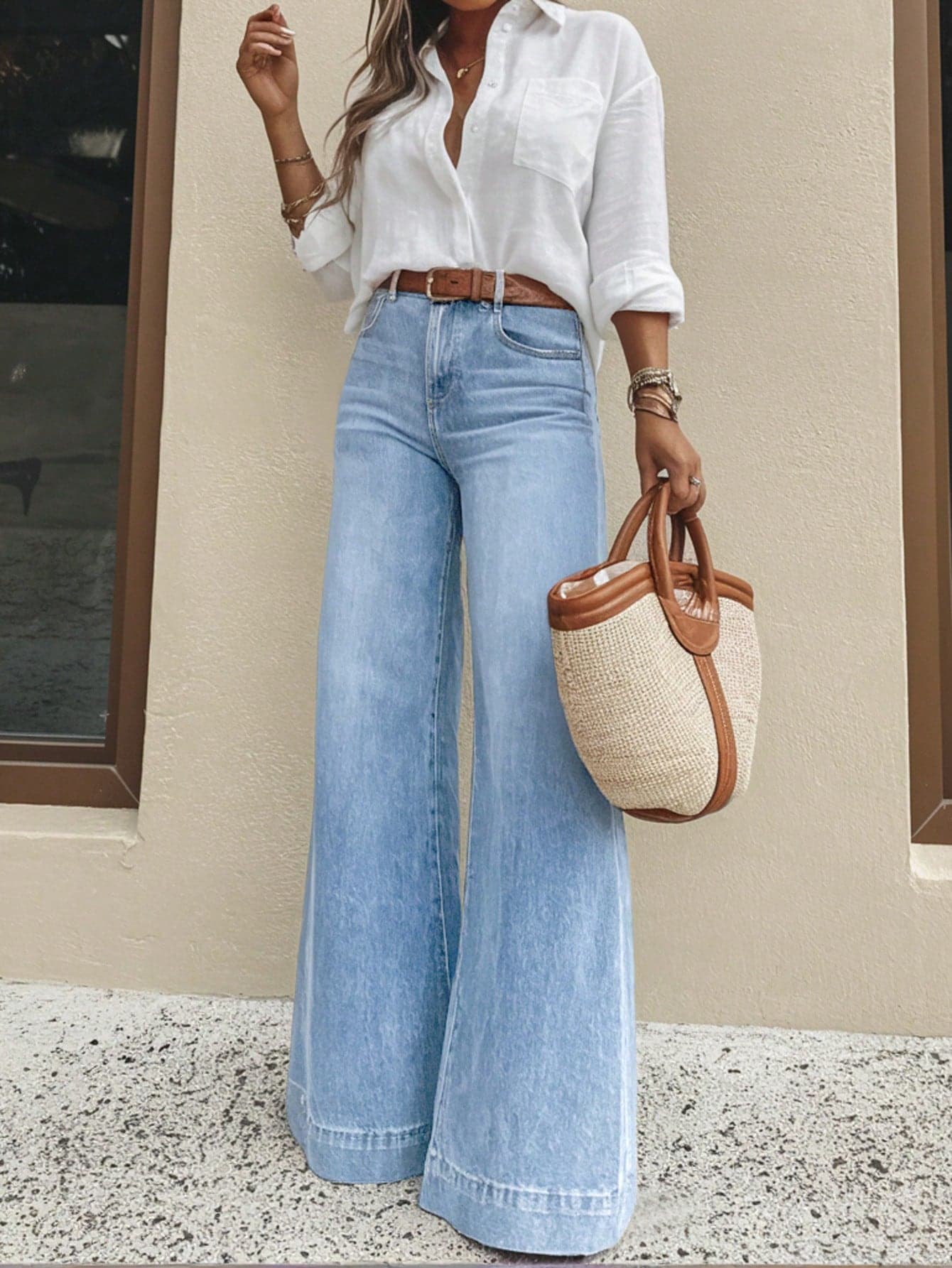 Women's Casual Wide Leg Jeans, Elegant & Fashionable Long Style With Pockets, Medium Stretch Washed Fabric Spring