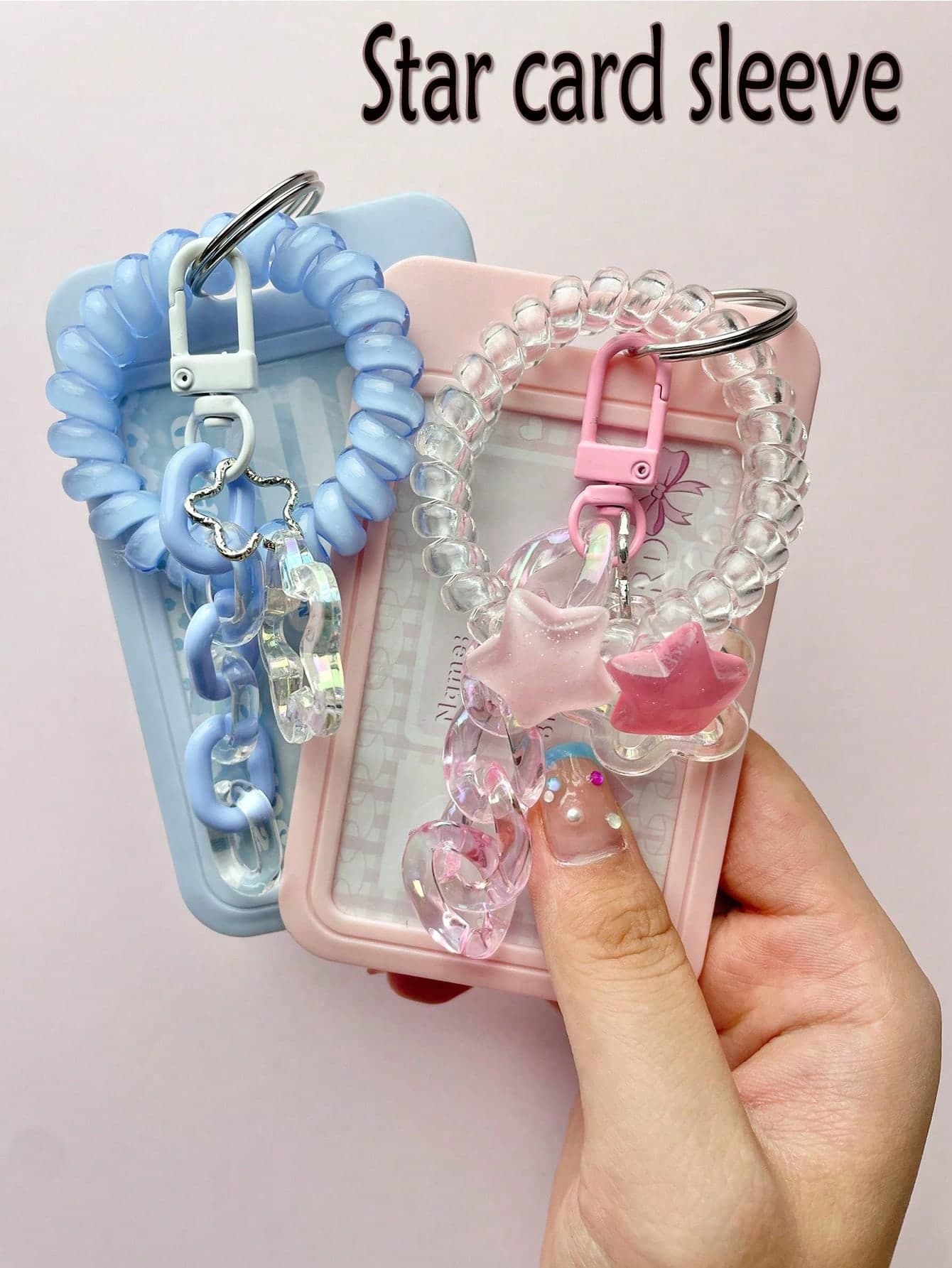 Transparent Pink Star-Shaped Pendant Keychain Card Holder/Photo Clip, Durable Clear ID Card Holder, Macaron Color Acrylic Decorative Chain Keychain DIY Pendant, Jelly Color High Elastic Phone Cord Hair Scrunchies With Removable, Easy-To-Clean Sliding Cover, Keyring And Detachable Lanyard/Pendant