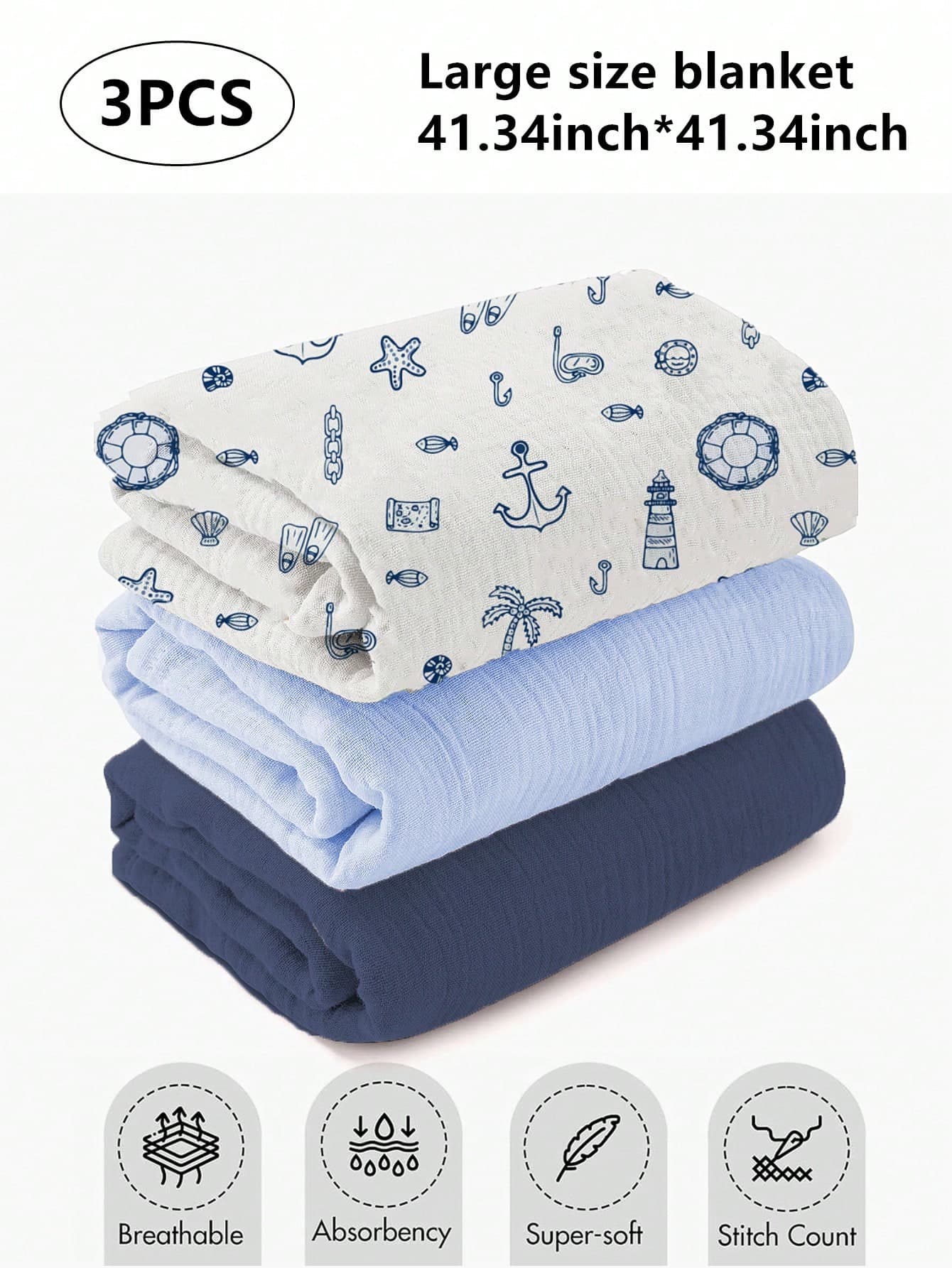 3pcs Newborn Muslim Style Swaddle Blankets, 100% Cotton Breathable Soft Receiving Blankets, Large Size 41.34 X 41.34 Inches Swaddle Wrap For Clothing, Diaper Change, Essential For Baby Boys And Girls, Infant Bath Supplies, Toddler Gift