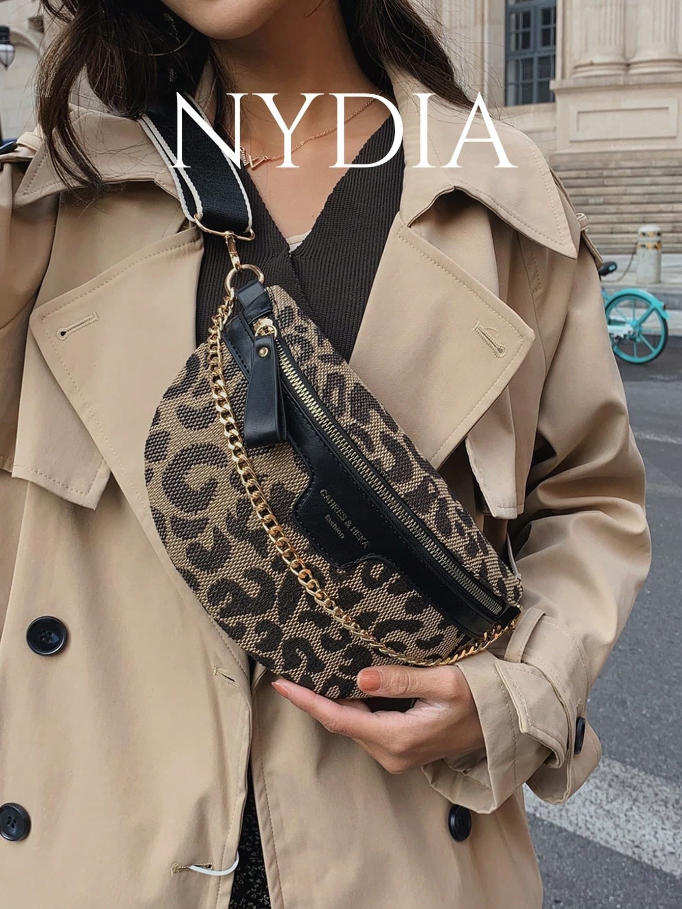 Y2k Style Chain & Leopard Print Retro Shoulder Strap Waist Bag With Distressed Details, Leopard Print Bag, Animal Print Women Bag, Fall Winter Fashionable Cheetah Print Purse For Women , Leopard Cheetah Print
