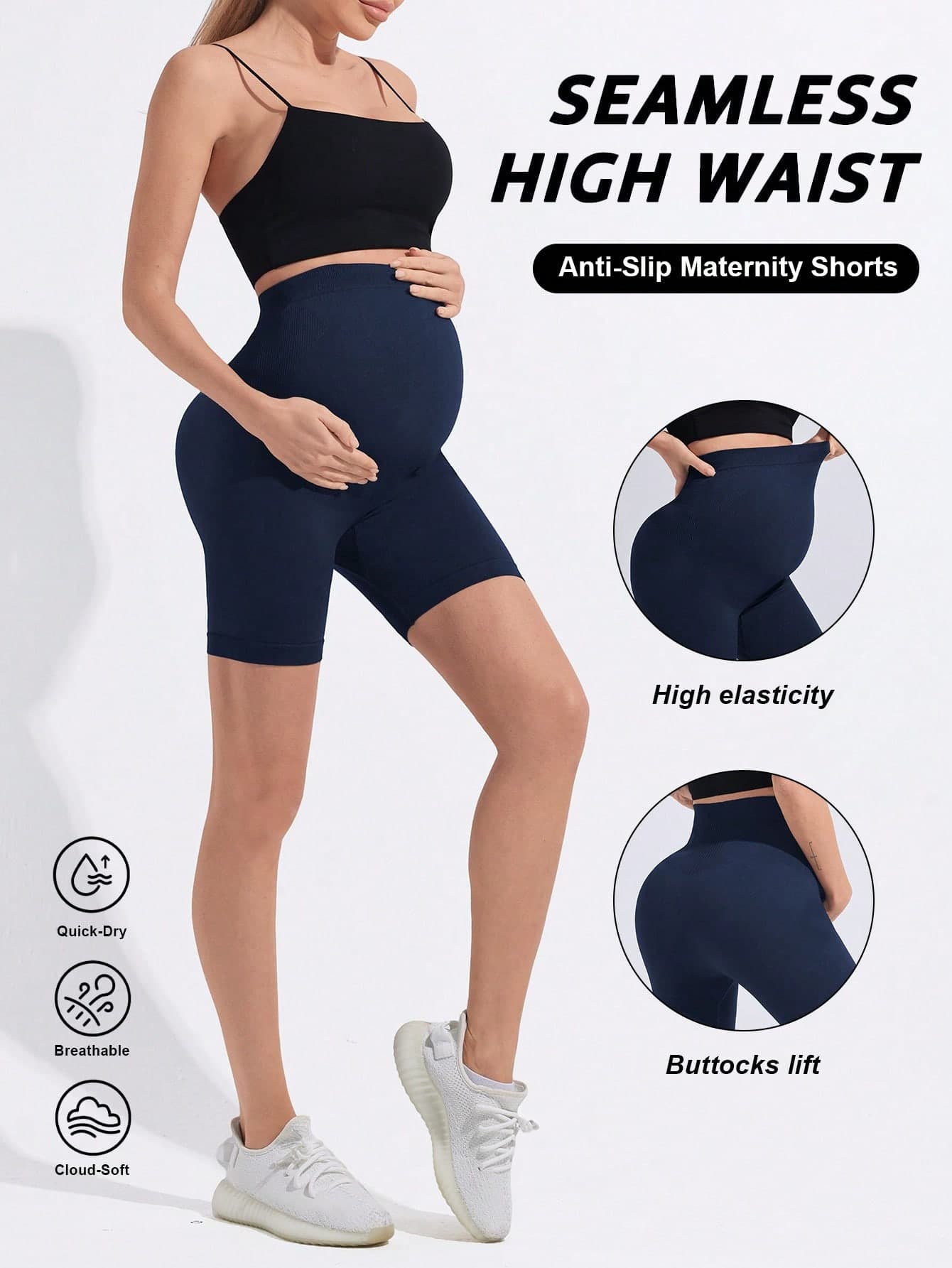 Pregnant Women's Seamless Solid Color High Waist Ribbed Waistband Non-Slip Leggings, Basic Fitted Sports Shorts Summer