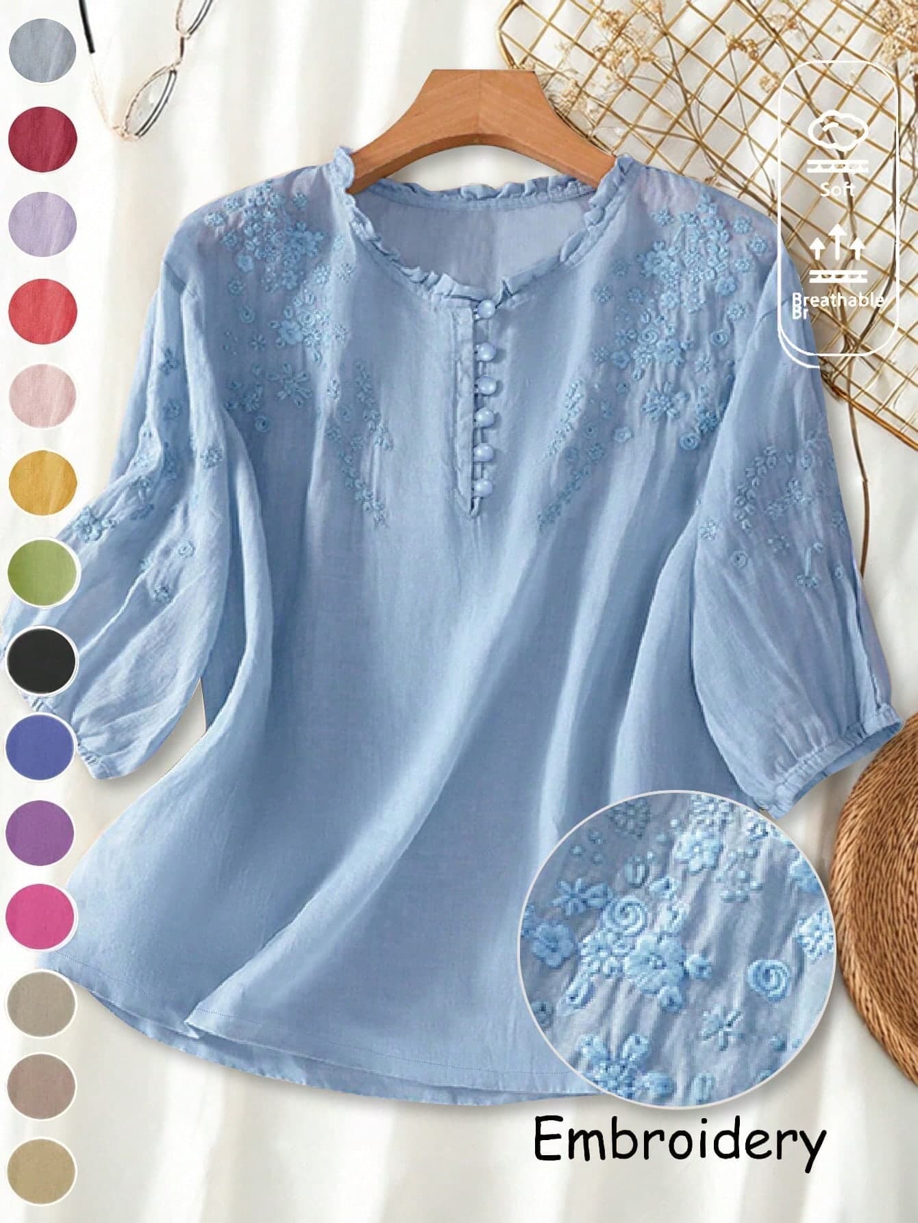 Women's Spring Summer Autumn Elegant Vintage Casual Minimalist Romantic Viscose Embroidered Lightweight Loose Fit Mid-Sleeve Plus Size Blouse, Commute Vacation Outing Versatile Holiday Daily Tea Party Embroidered Shirt, Summer Outfits, Casual Woman, Country Outfits